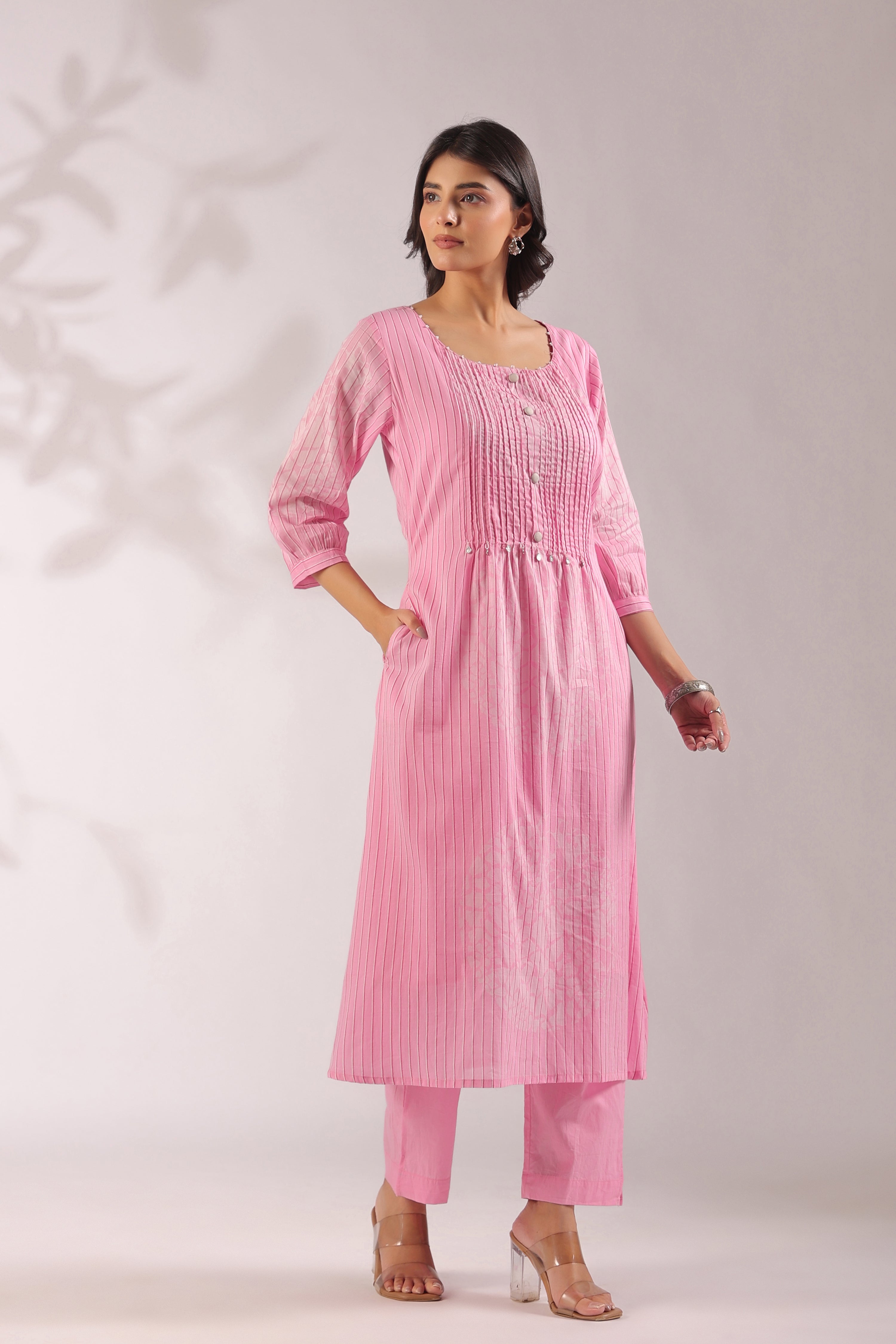 Sudipta Pink Mul Cotton A-line Pant Set - The Jaipur Studio