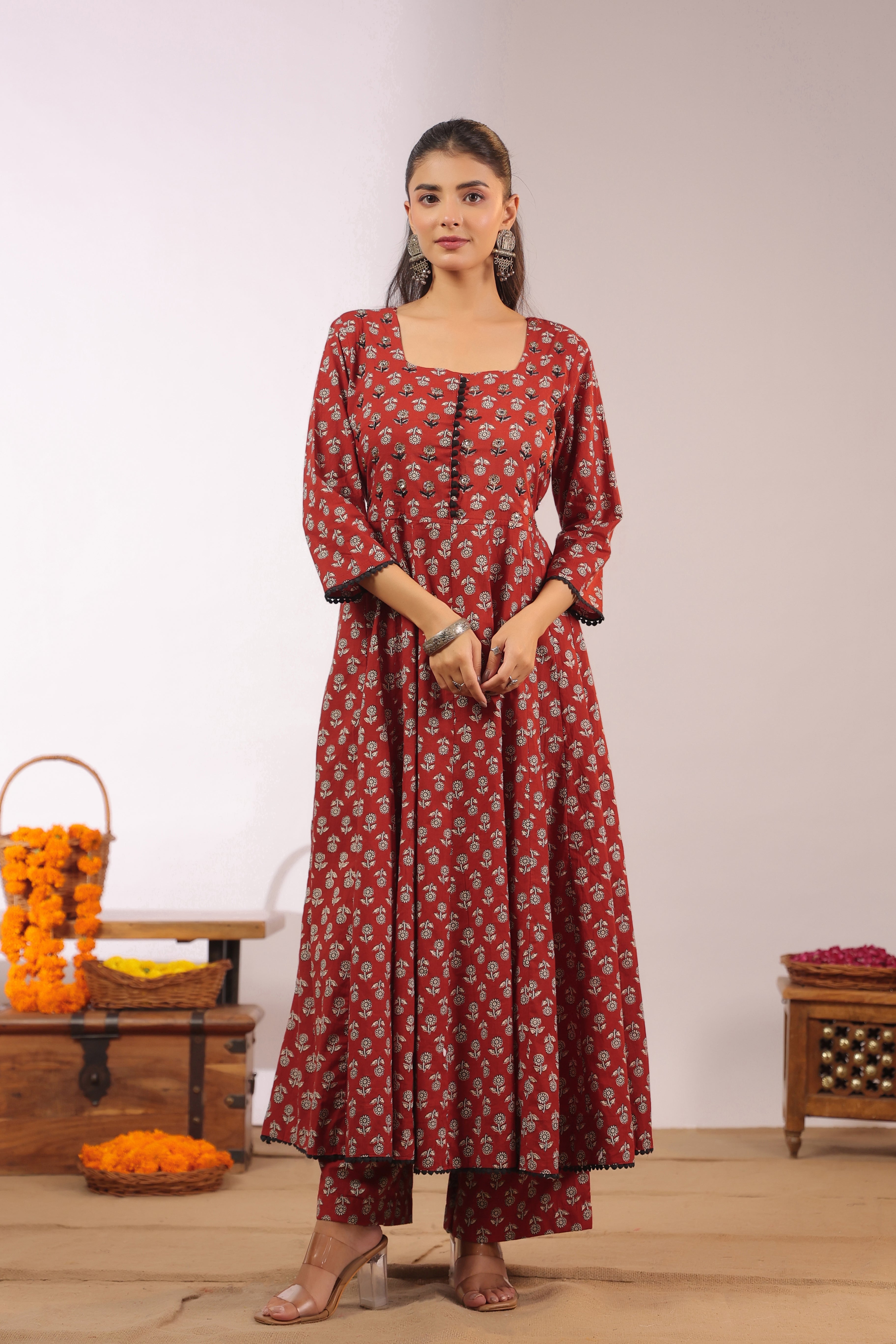 Gunjal Cotton Ajrakh HandEmbroidered Anarkali Set - The Jaipur Studio