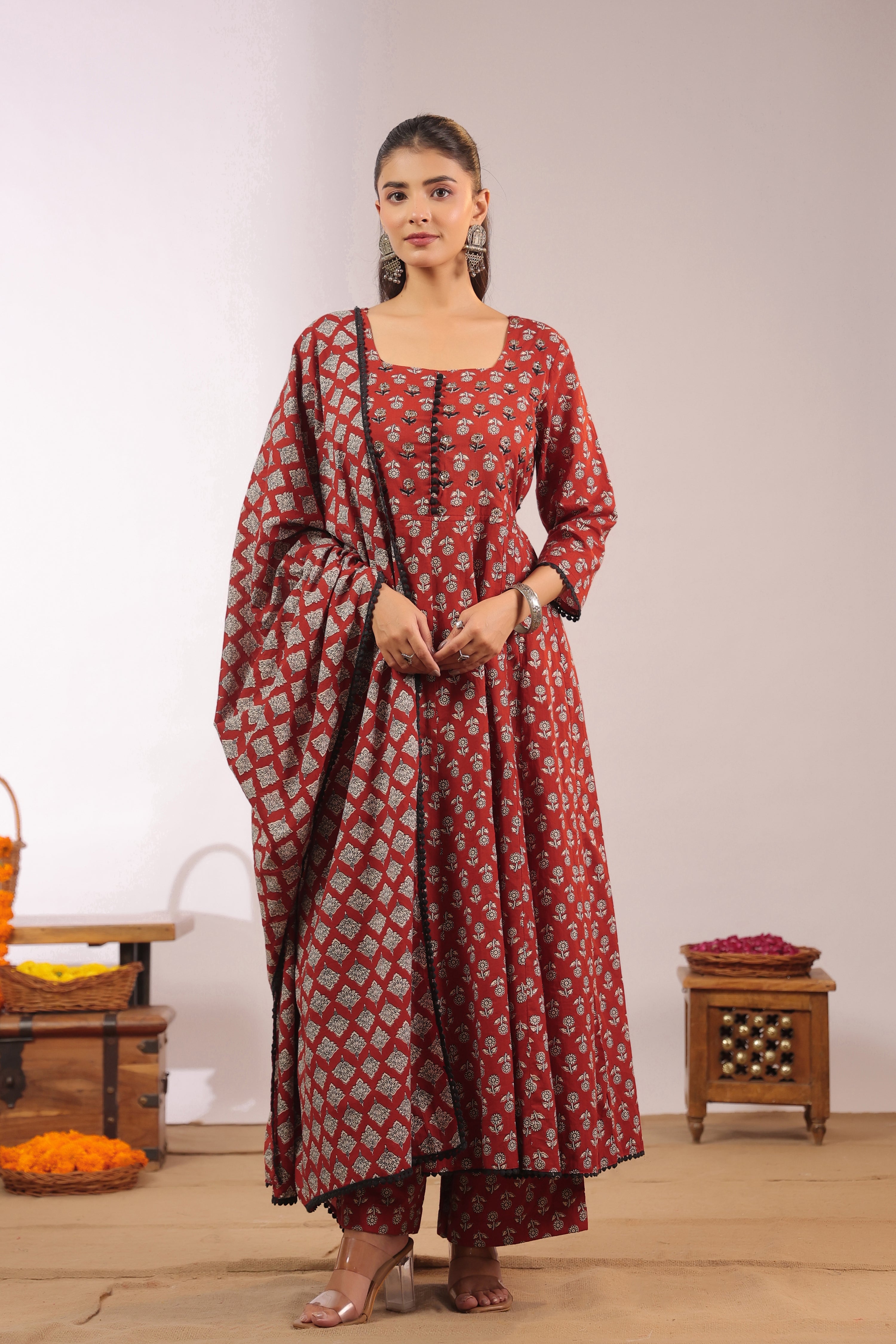 Gunjal Cotton Ajrakh HandEmbroidered Anarkali Set