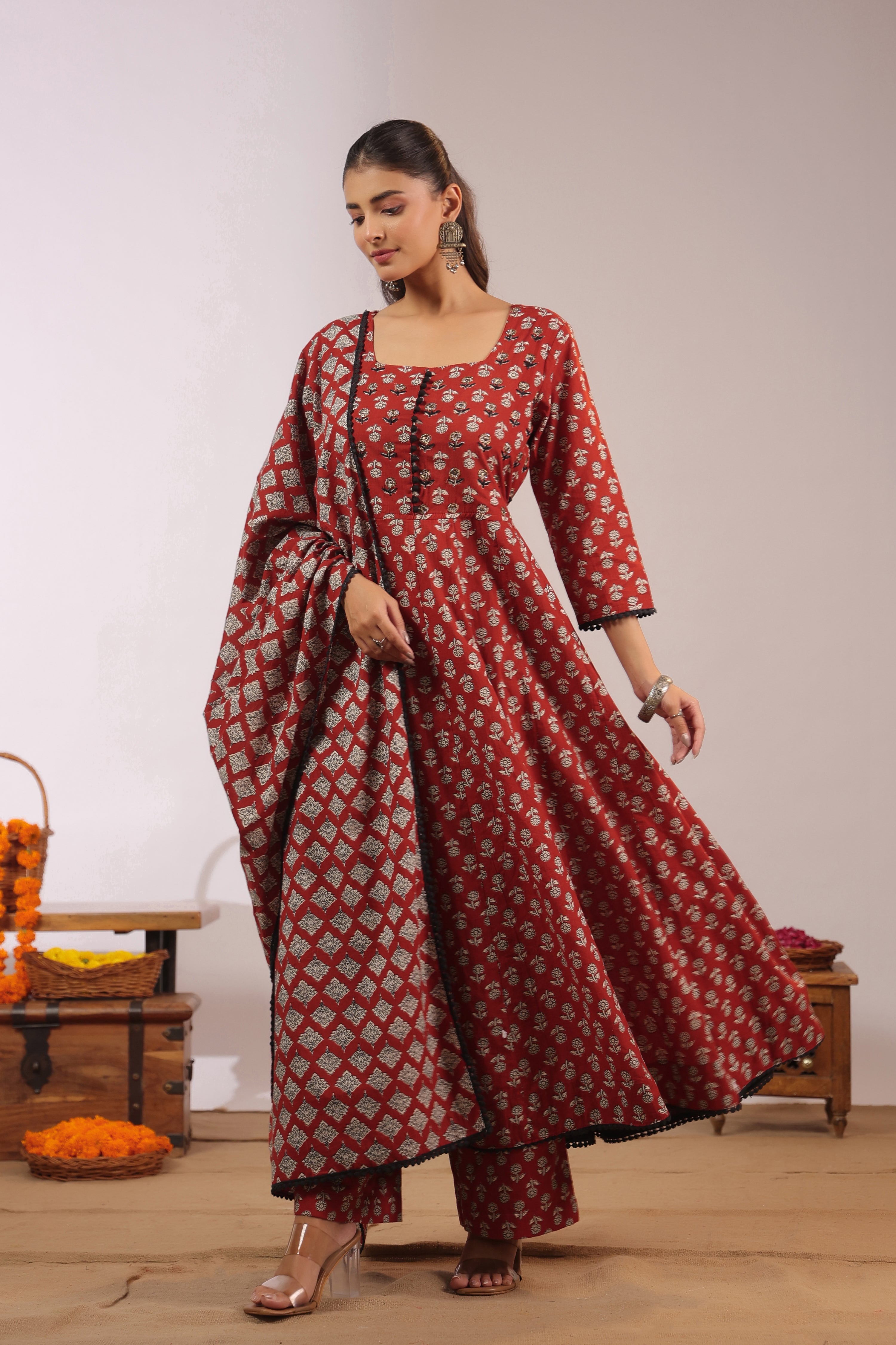 Gunjal Cotton Ajrakh HandEmbroidered Anarkali Set
