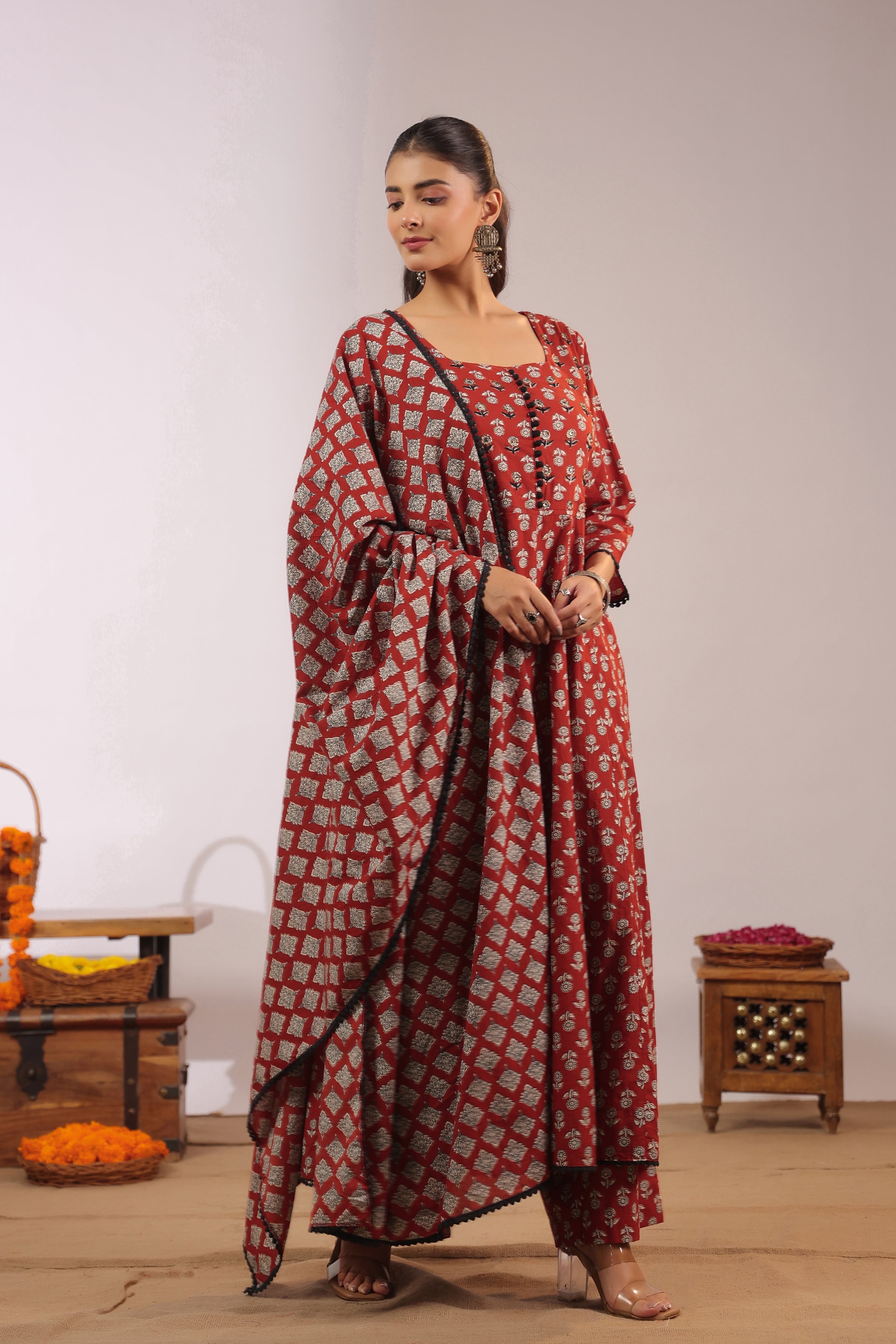 Gunjal Cotton Ajrakh HandEmbroidered Anarkali Set