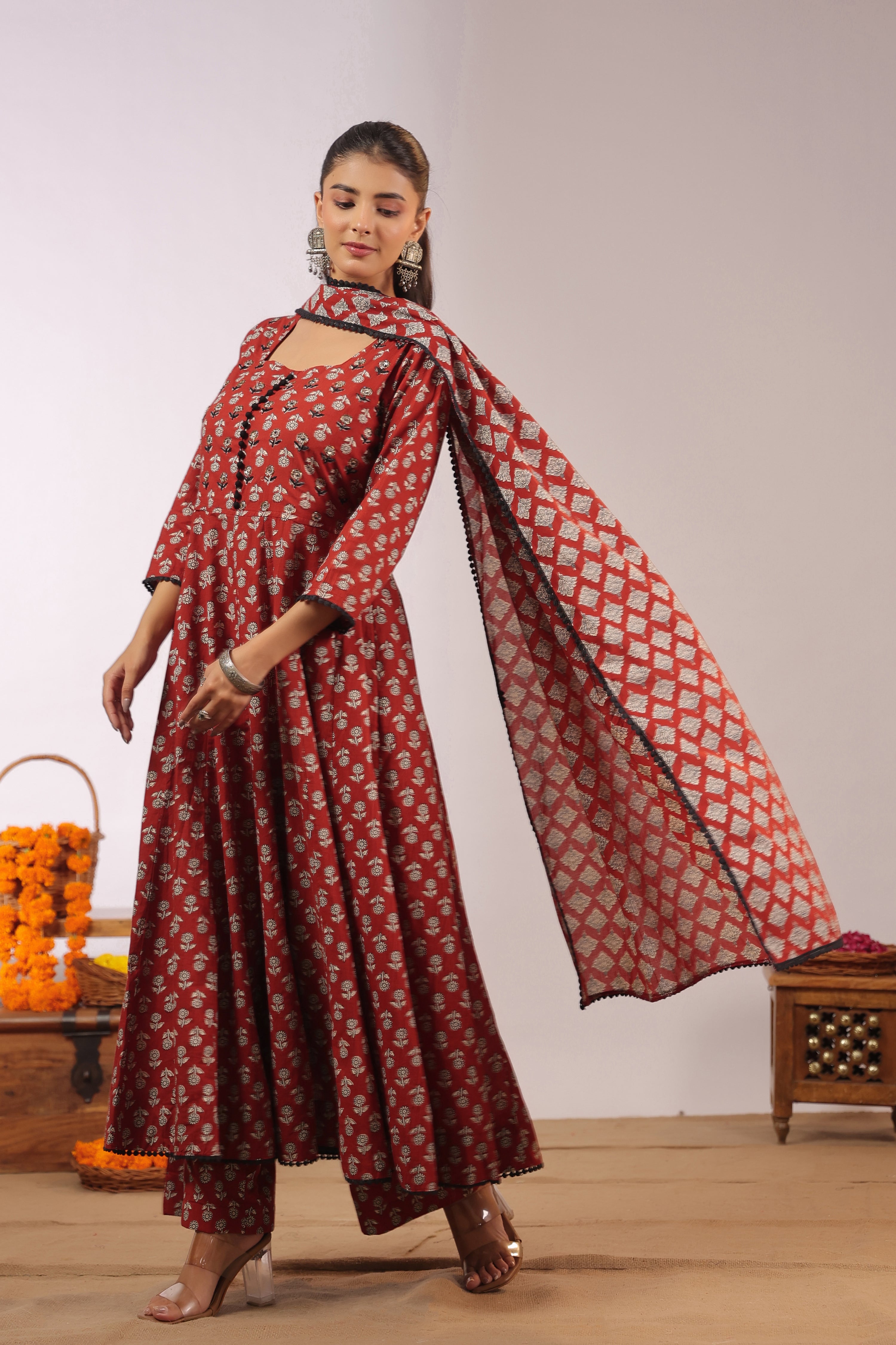 Gunjal Cotton Ajrakh HandEmbroidered Anarkali Set