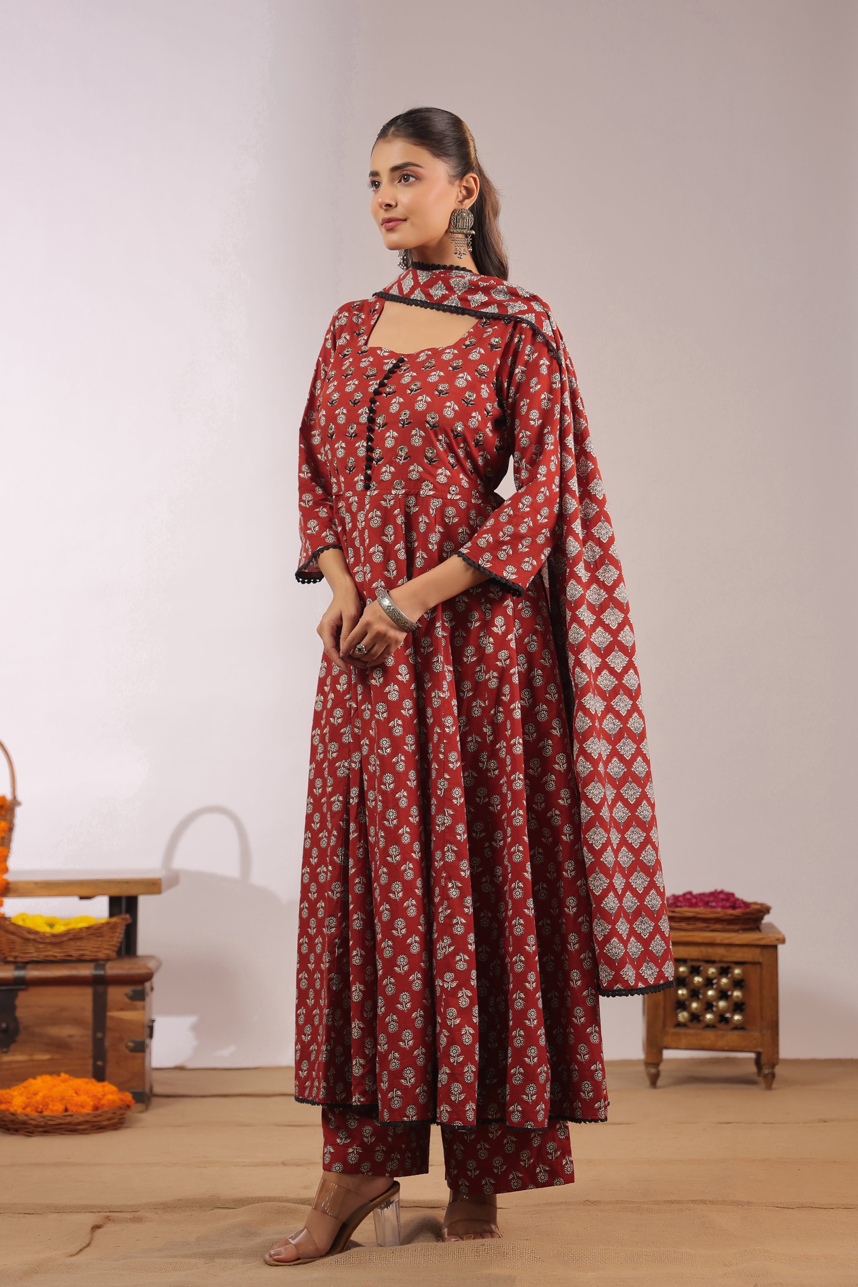 Gunjal Cotton Ajrakh HandEmbroidered Anarkali Set