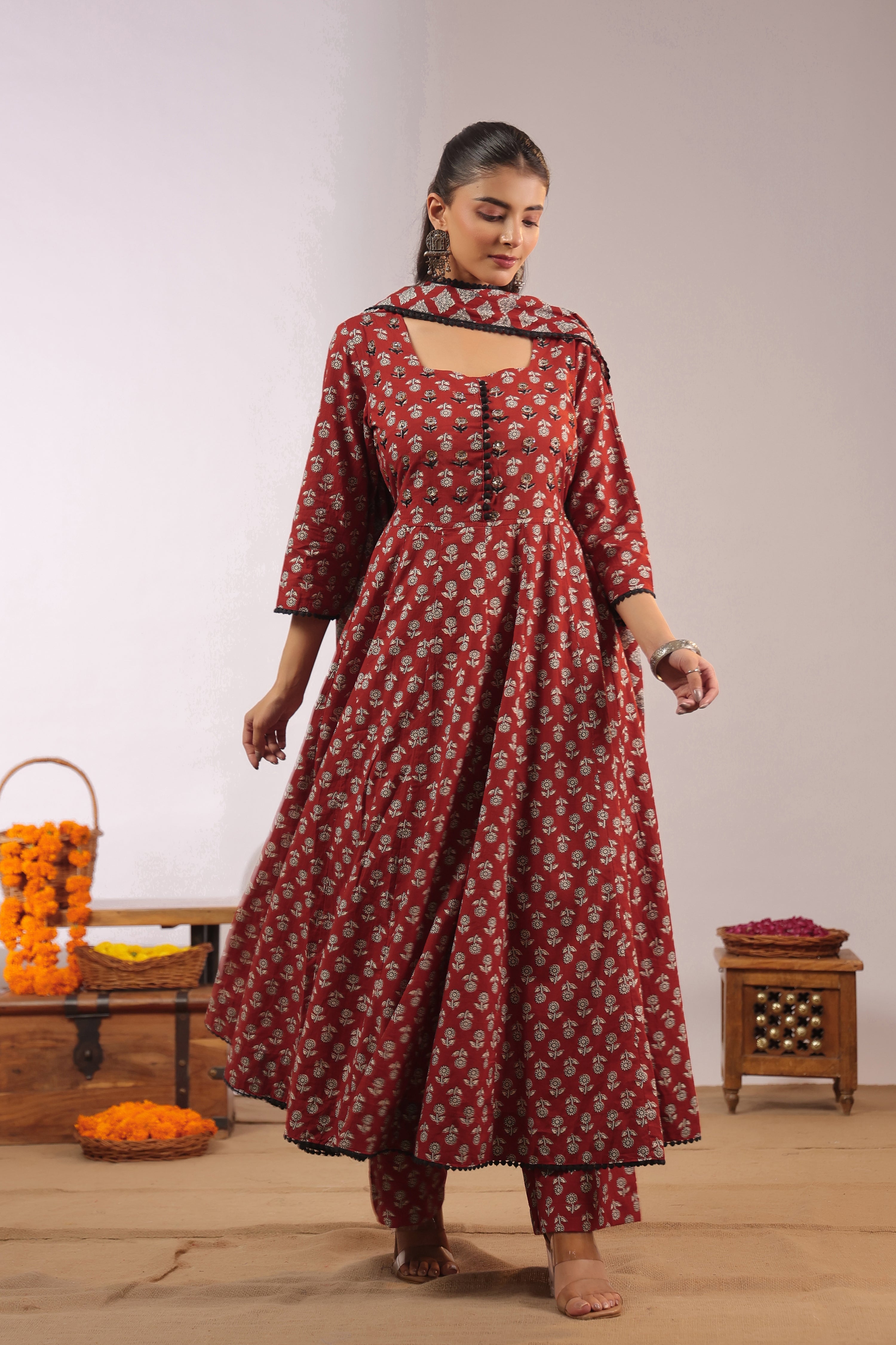 Gunjal Cotton Ajrakh HandEmbroidered Anarkali Set