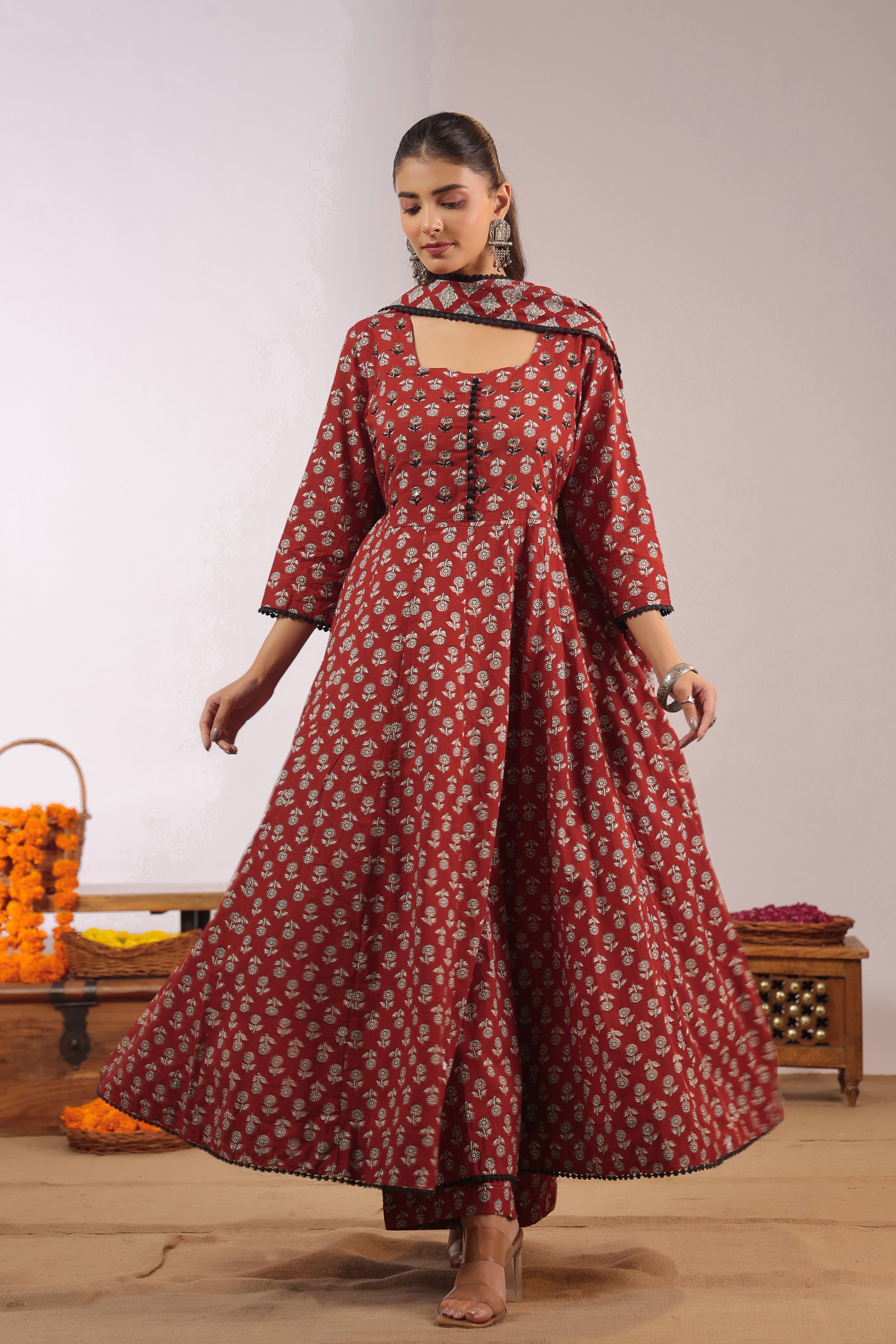 Gunjal Cotton Ajrakh HandEmbroidered Anarkali Set