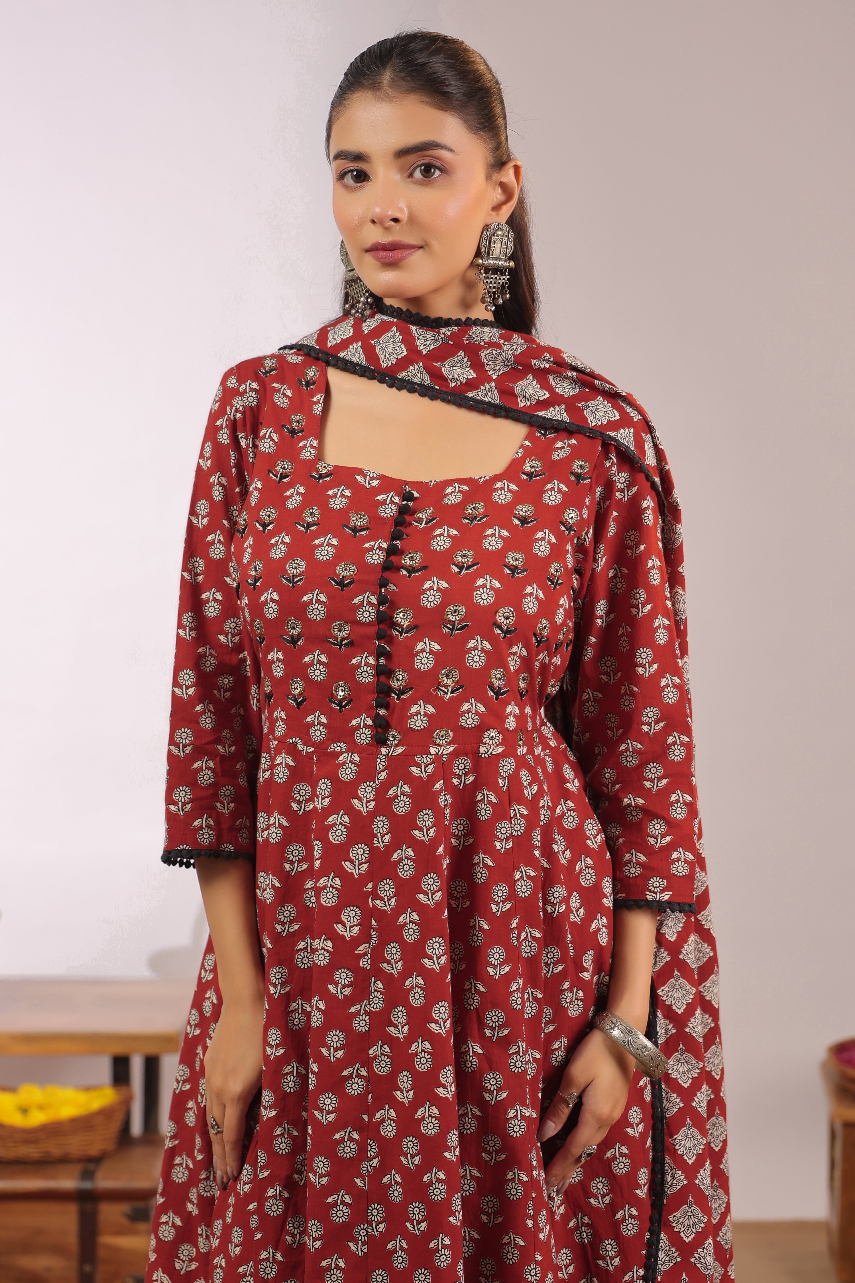 Gunjal Cotton Ajrakh HandEmbroidered Anarkali Set