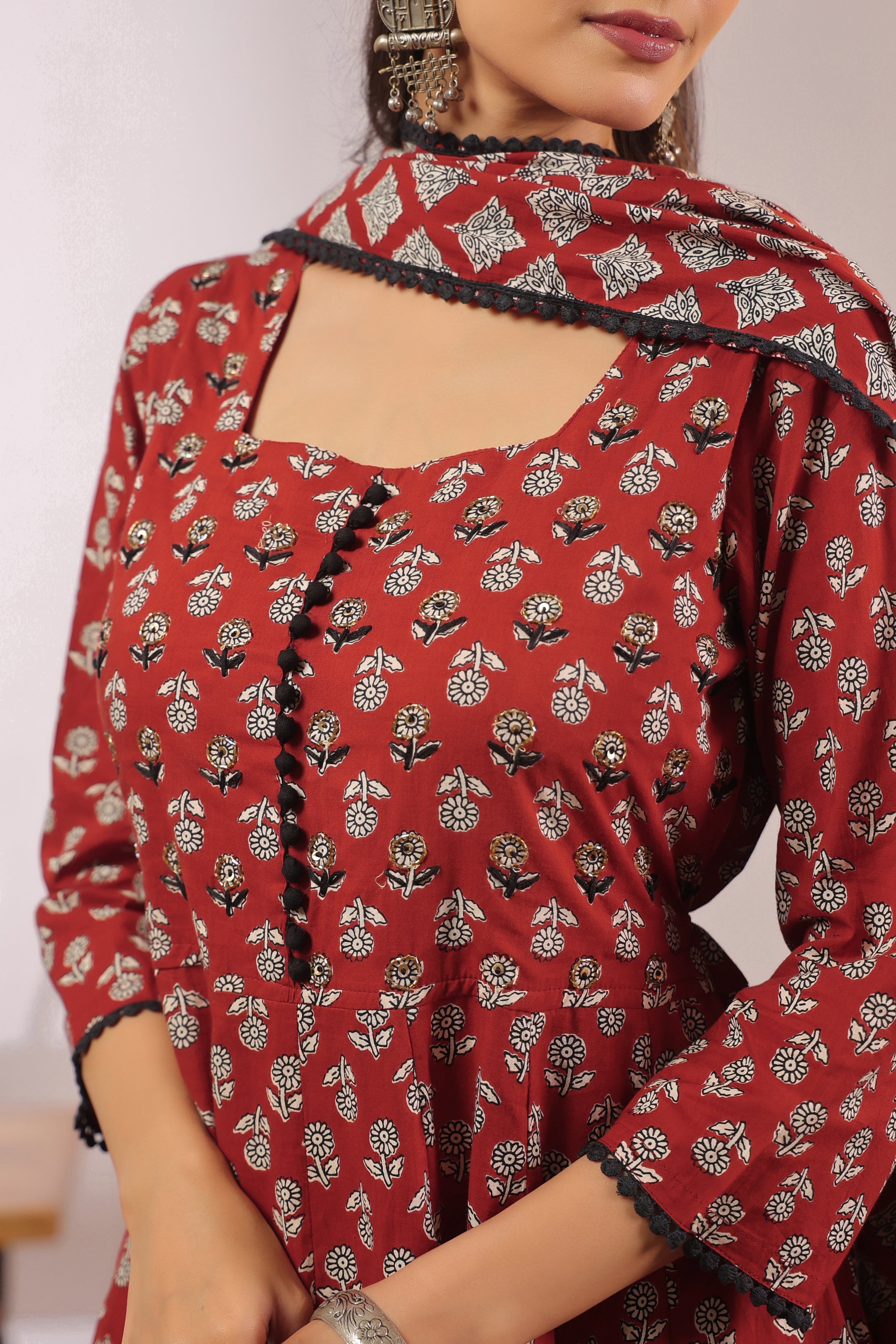Gunjal Cotton Ajrakh HandEmbroidered Anarkali Set