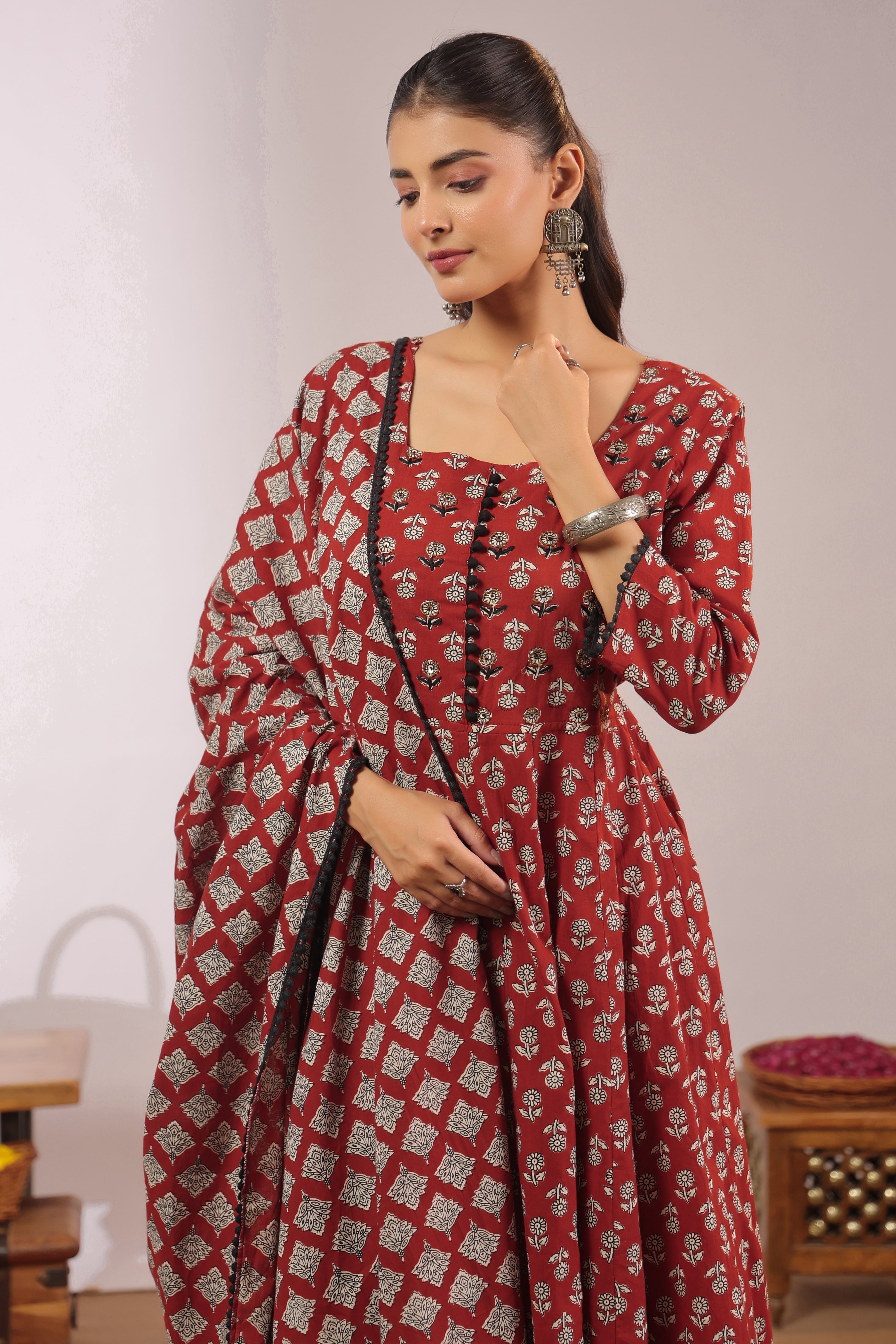 Gunjal Cotton Ajrakh HandEmbroidered Anarkali Set