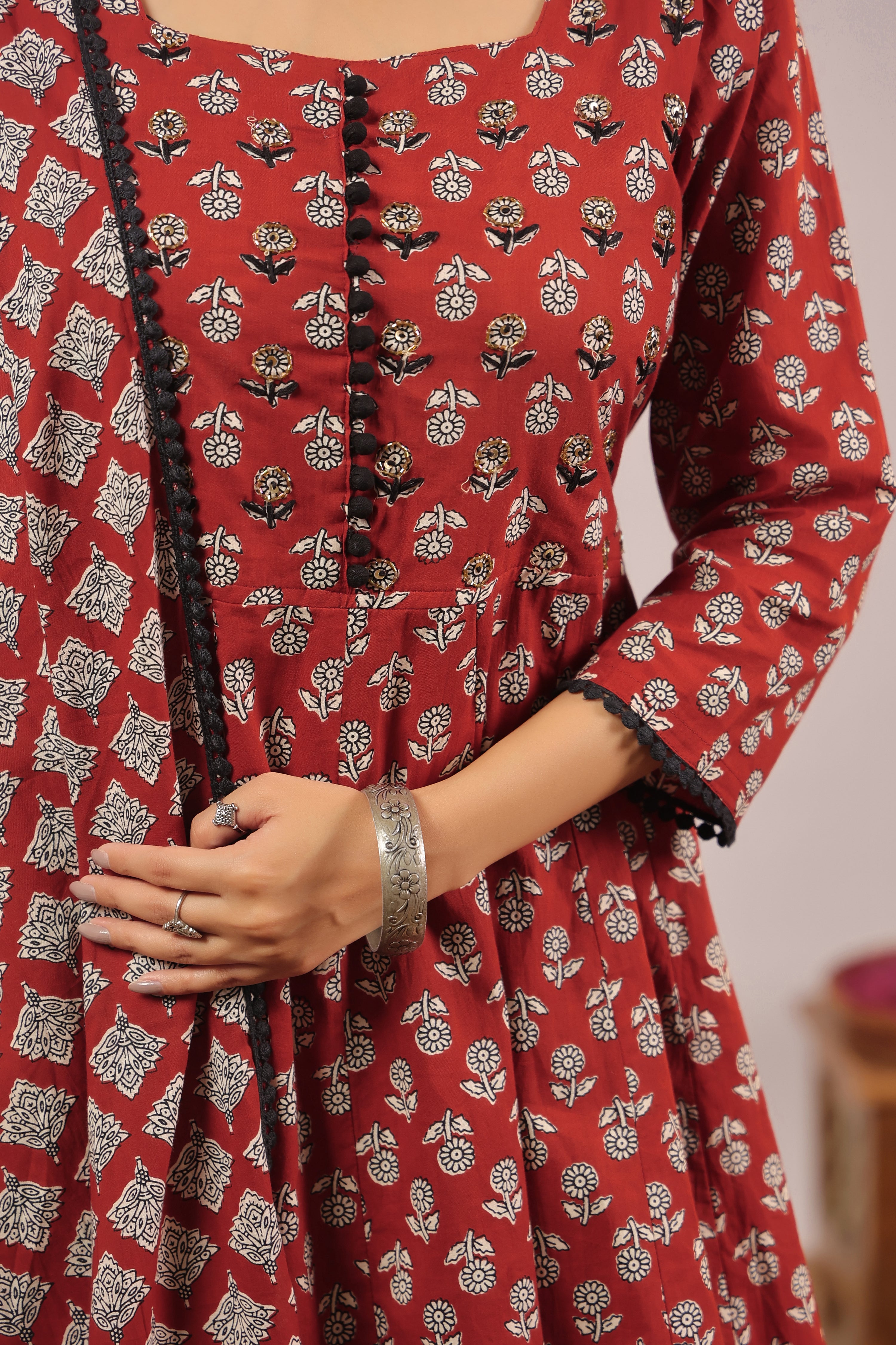 Gunjal Cotton Ajrakh HandEmbroidered Anarkali Set