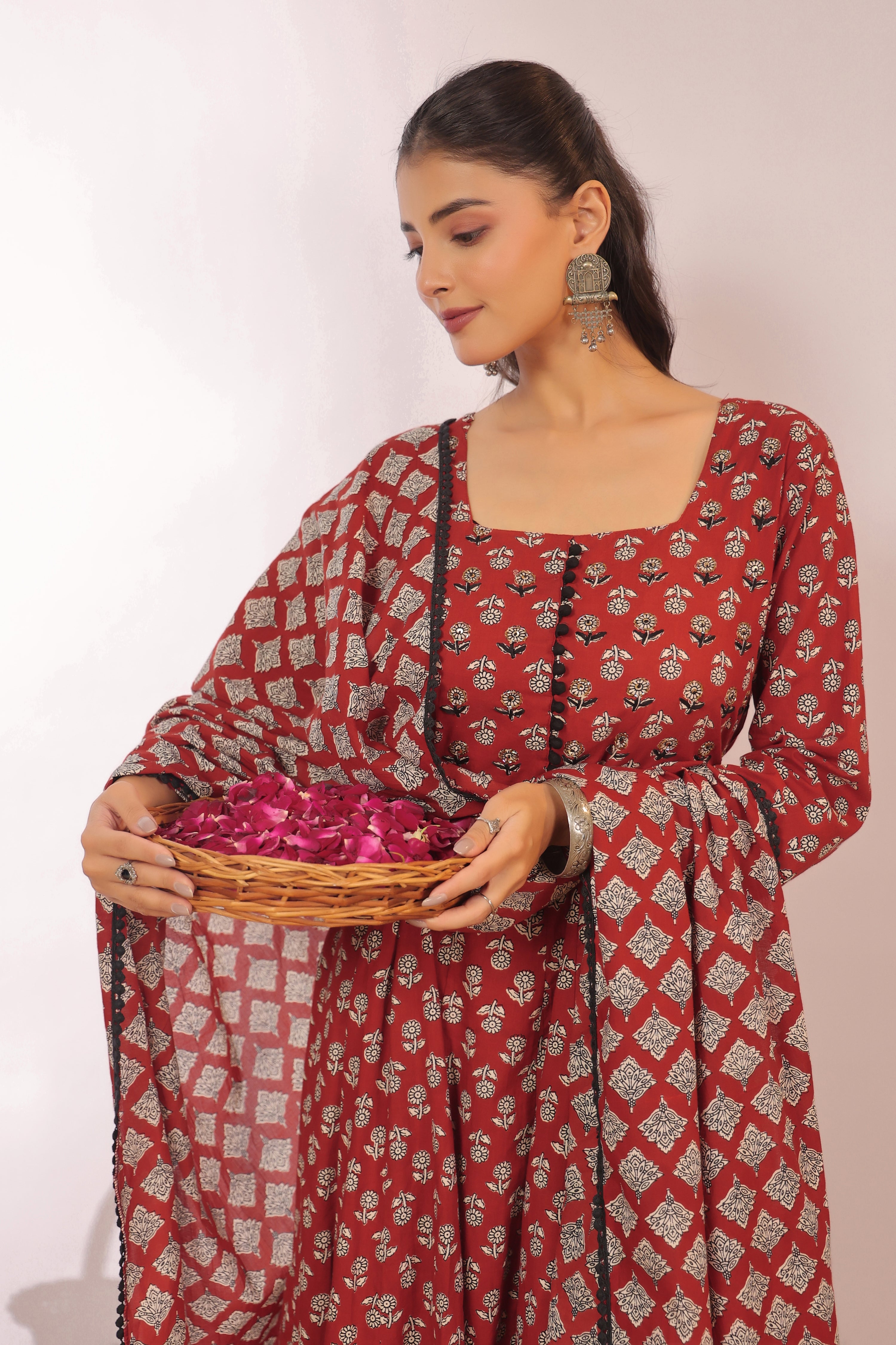 Gunjal Cotton Ajrakh HandEmbroidered Anarkali Set