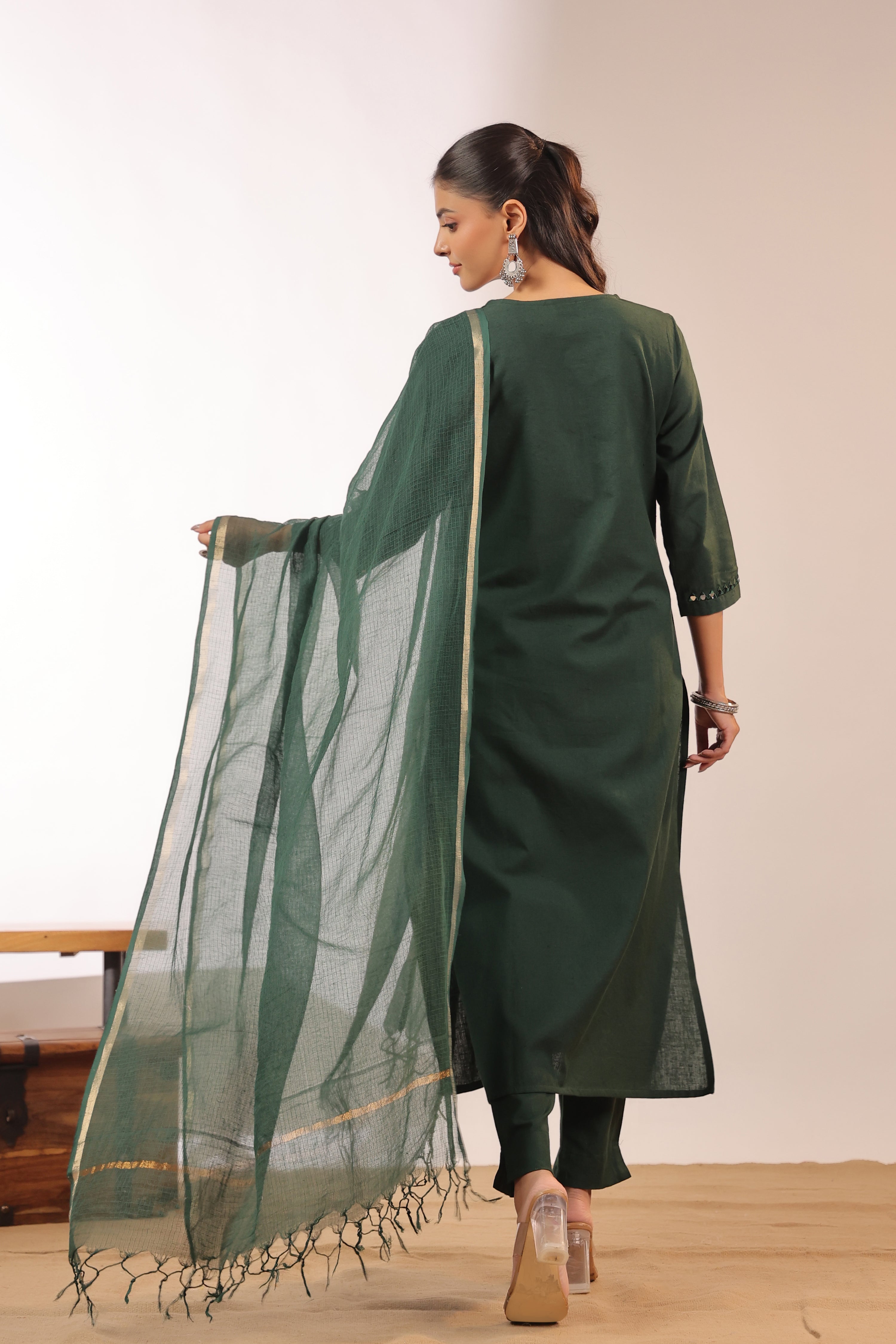 Mirror Embroidered Cotton Solid Color Pant Set