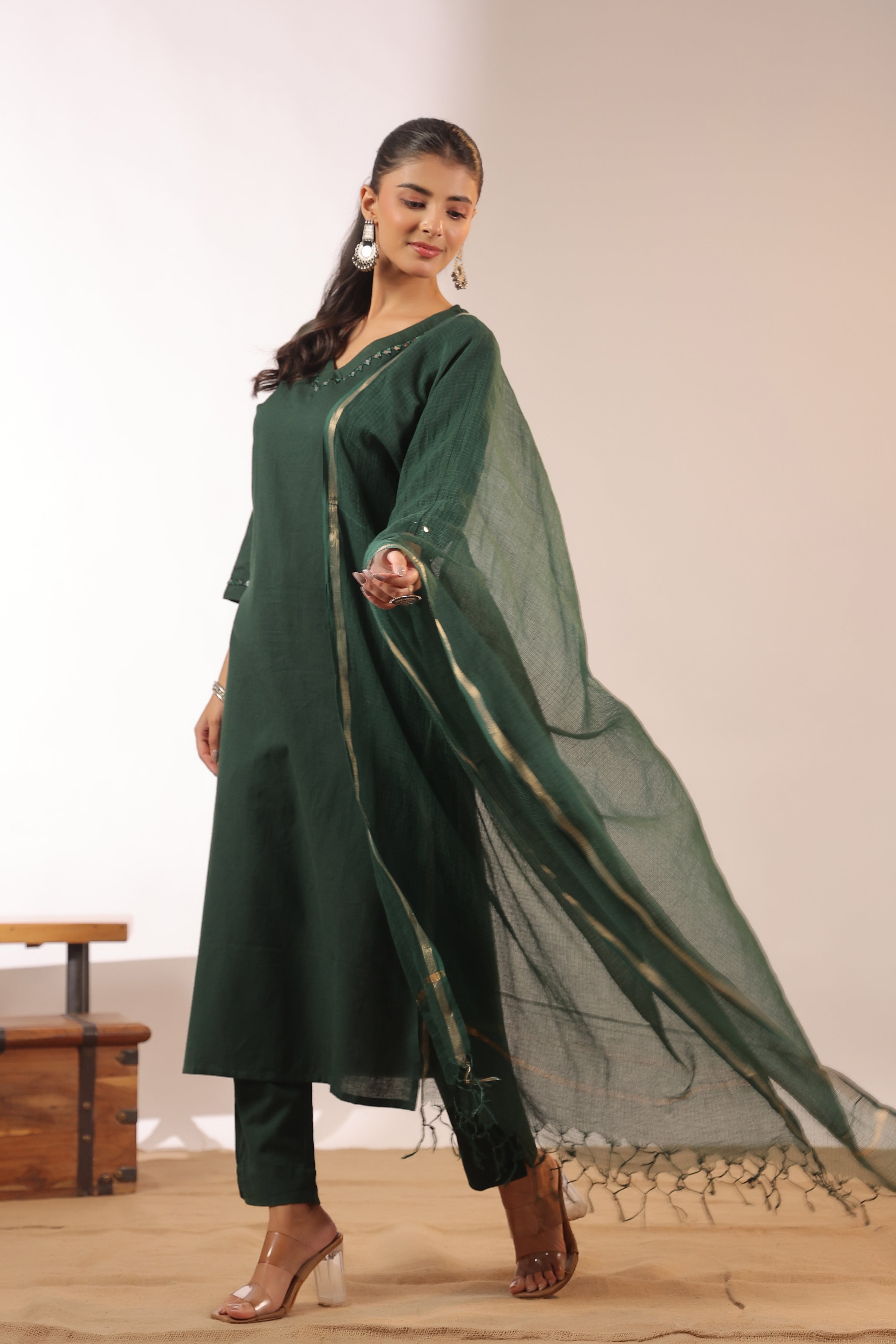 Mirror Embroidered Cotton Solid Color Pant Set
