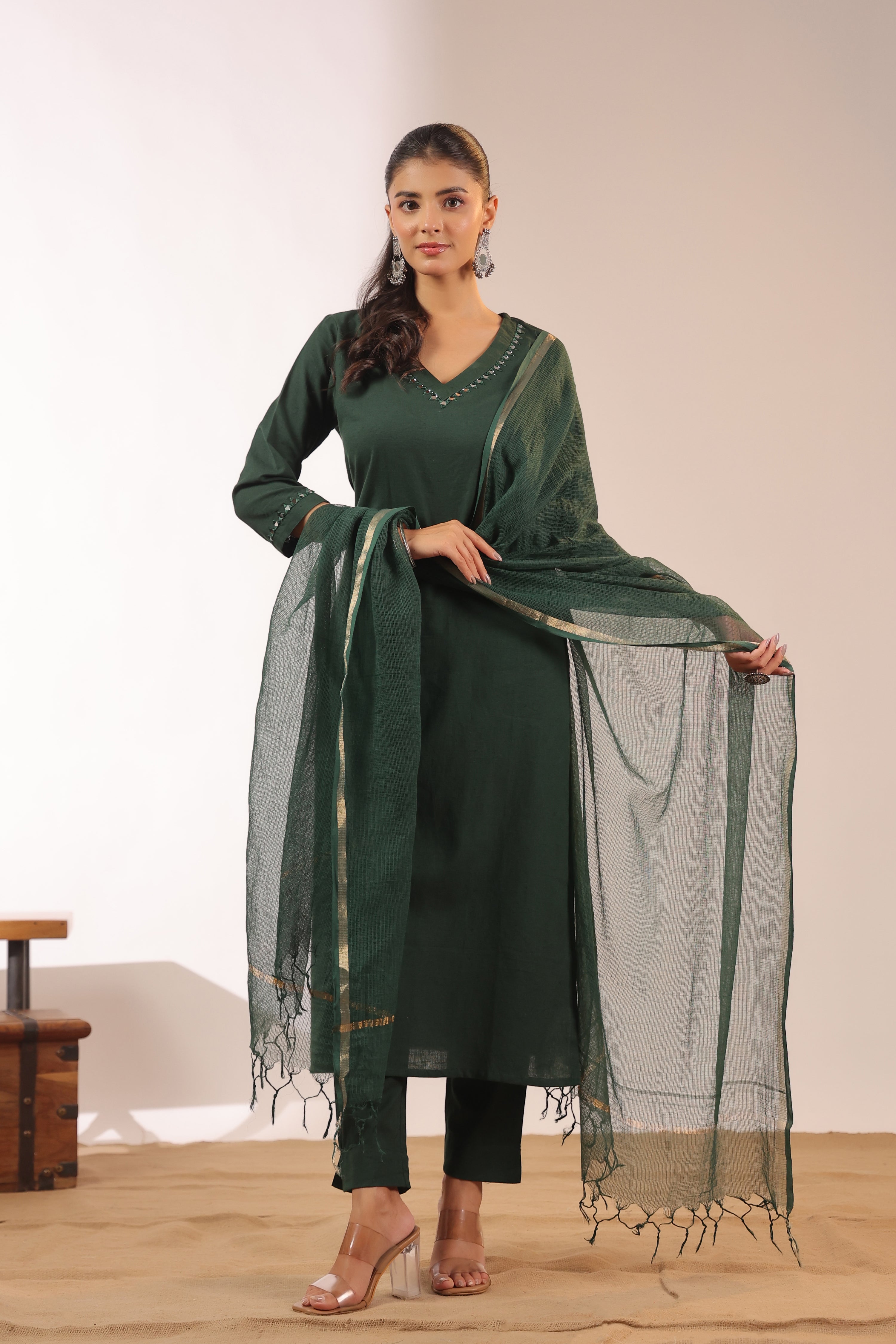 Mirror Embroidered Cotton Solid Color Pant Set
