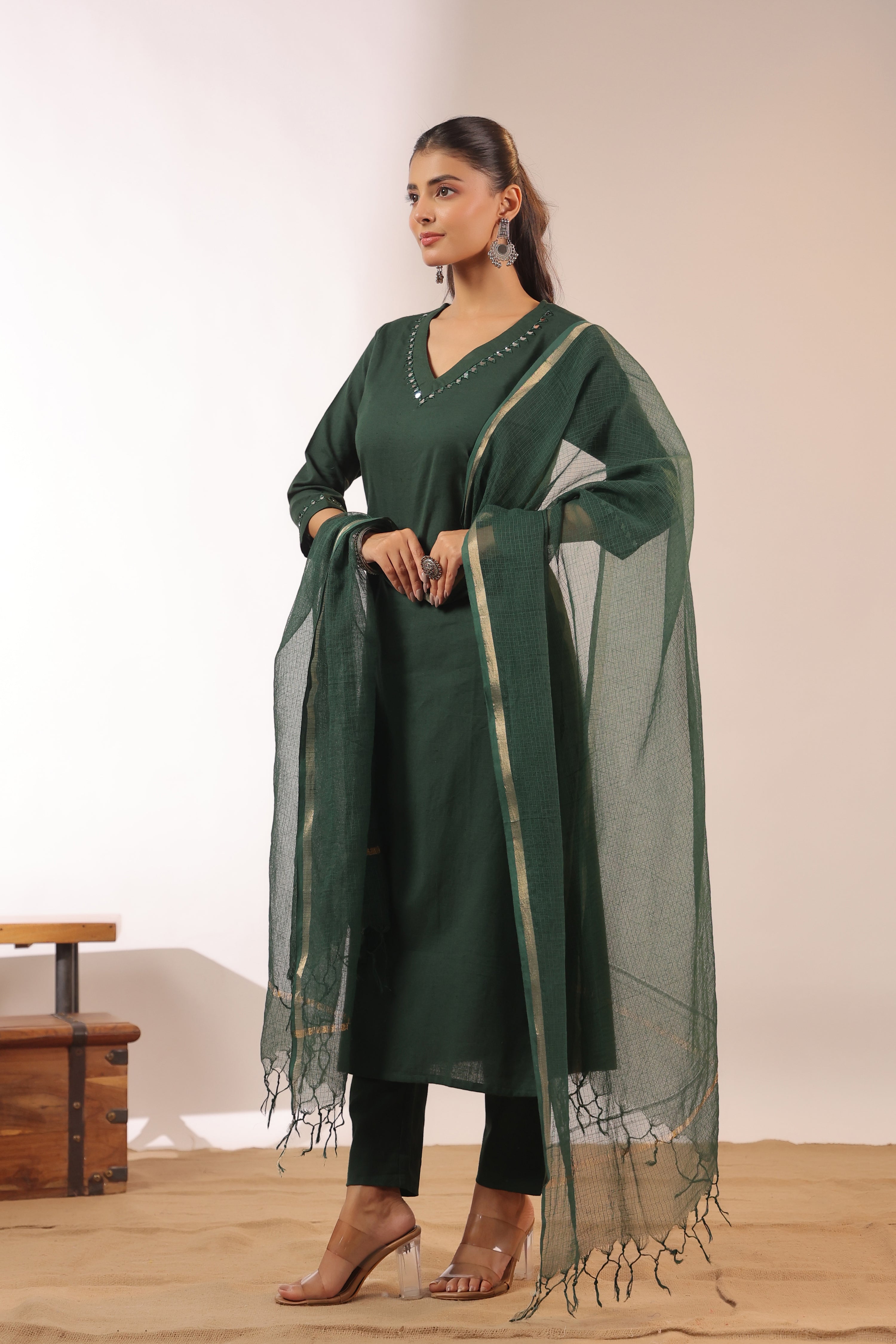 Mirror Embroidered Cotton Solid Color Pant Set