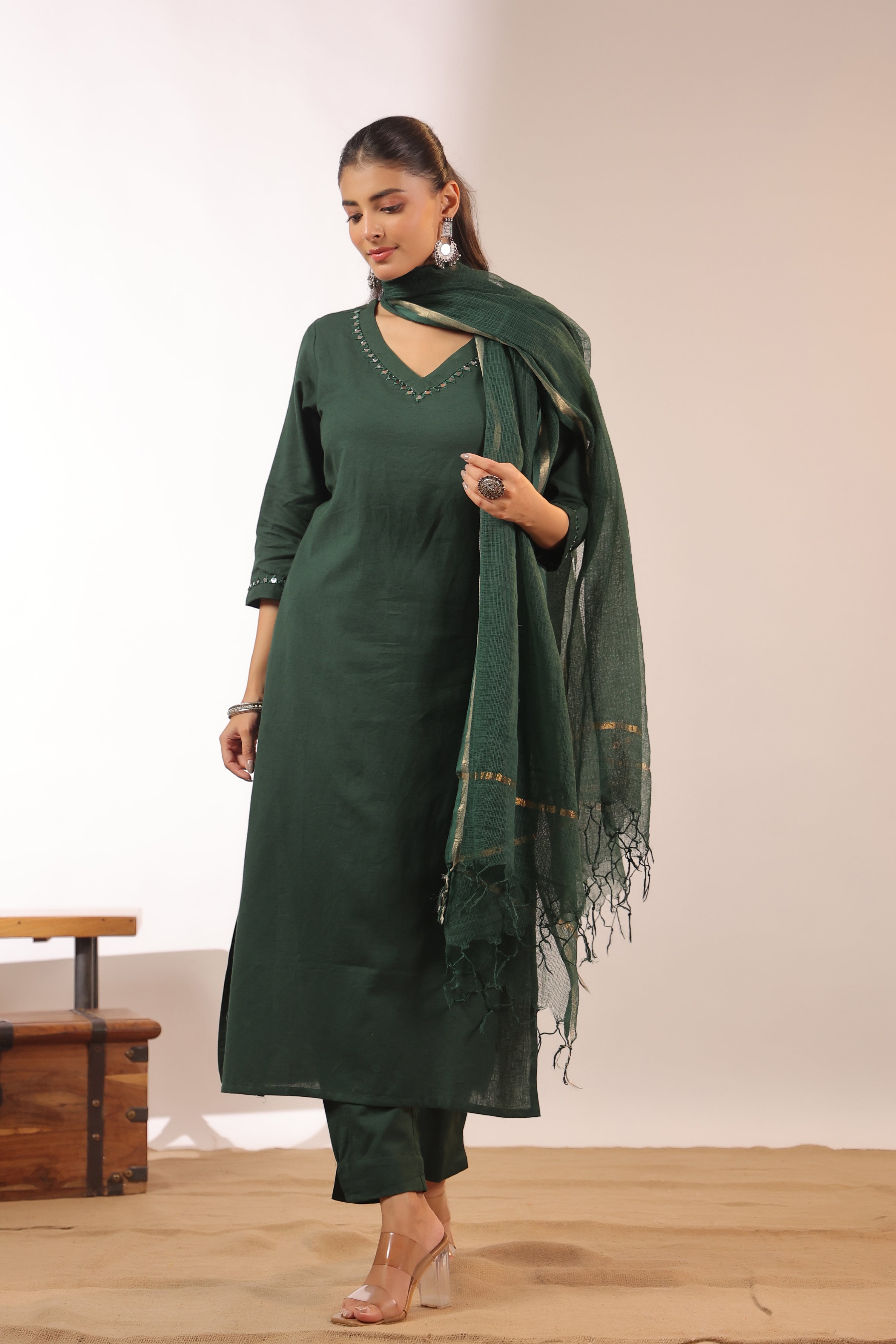 Mirror Embroidered Cotton Solid Color Pant Set