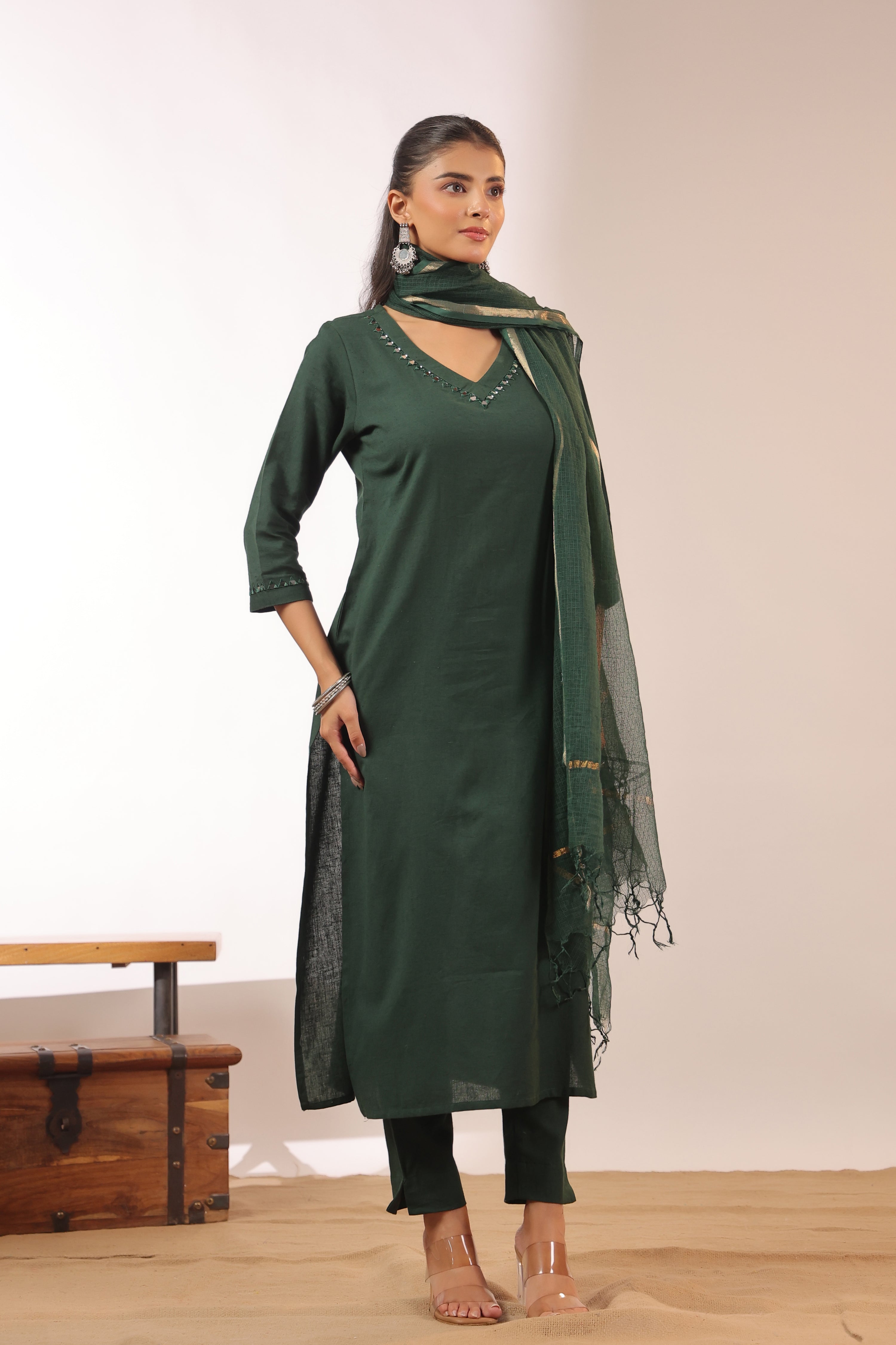 Mirror Embroidered Cotton Solid Color Pant Set