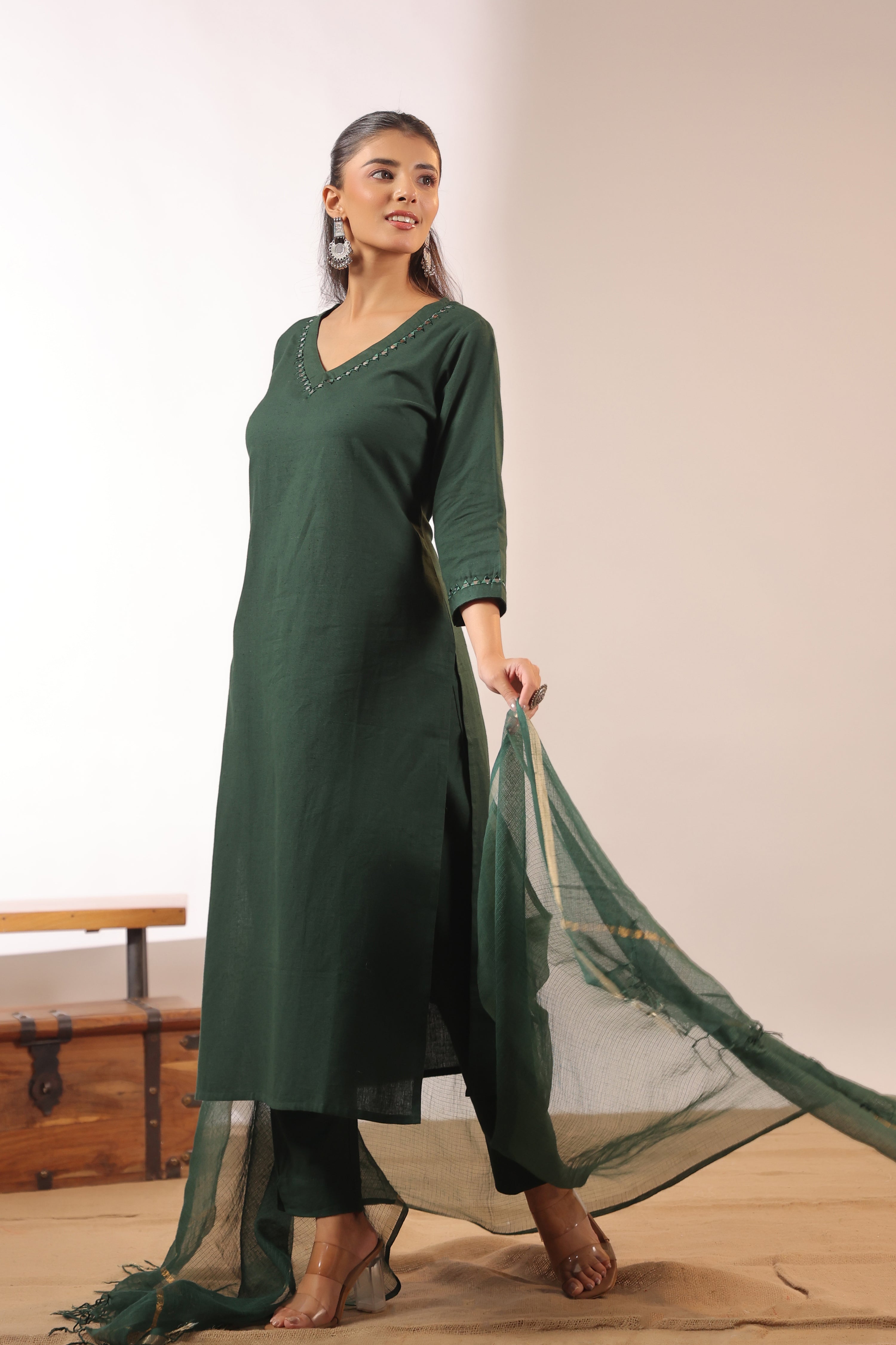Mirror Embroidered Cotton Solid Color Pant Set