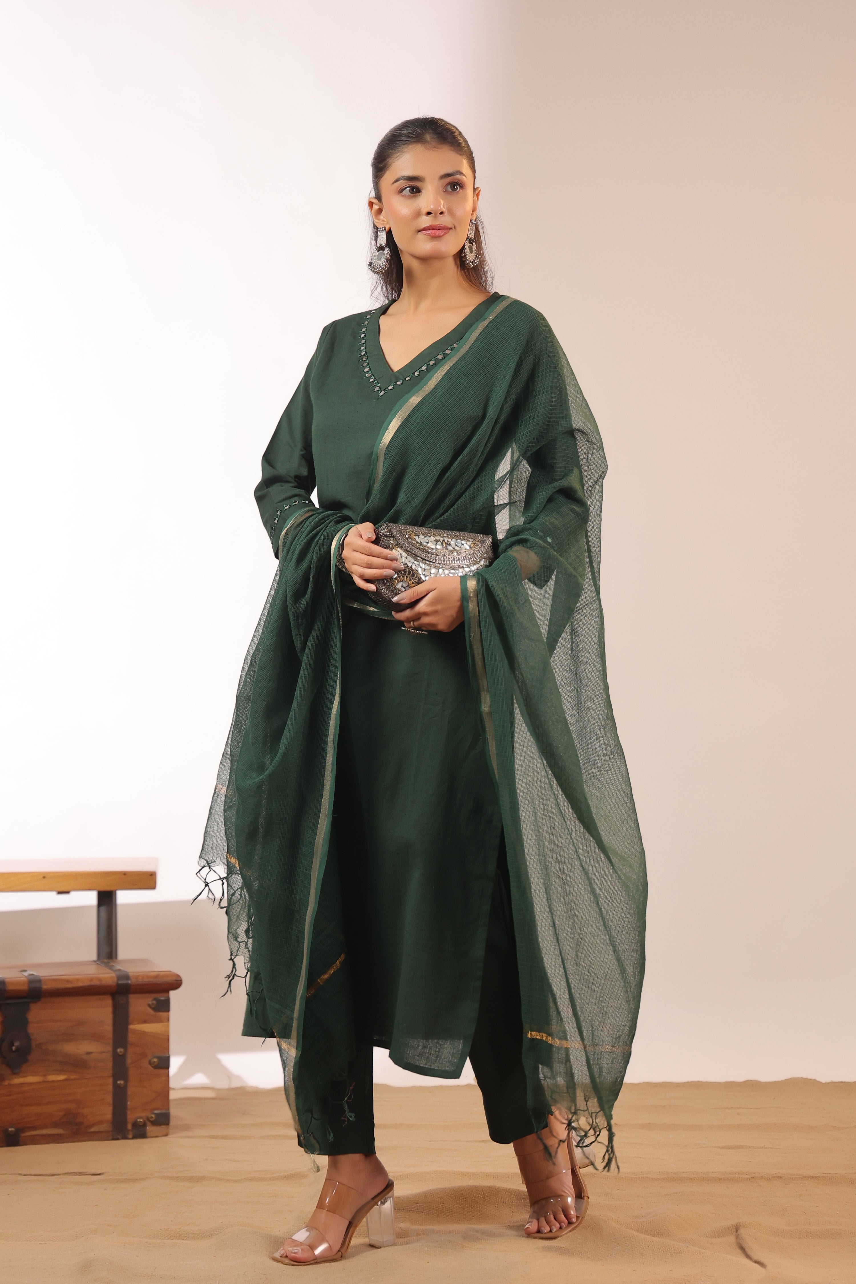 Mirror Embroidered Cotton Solid Color Pant Set