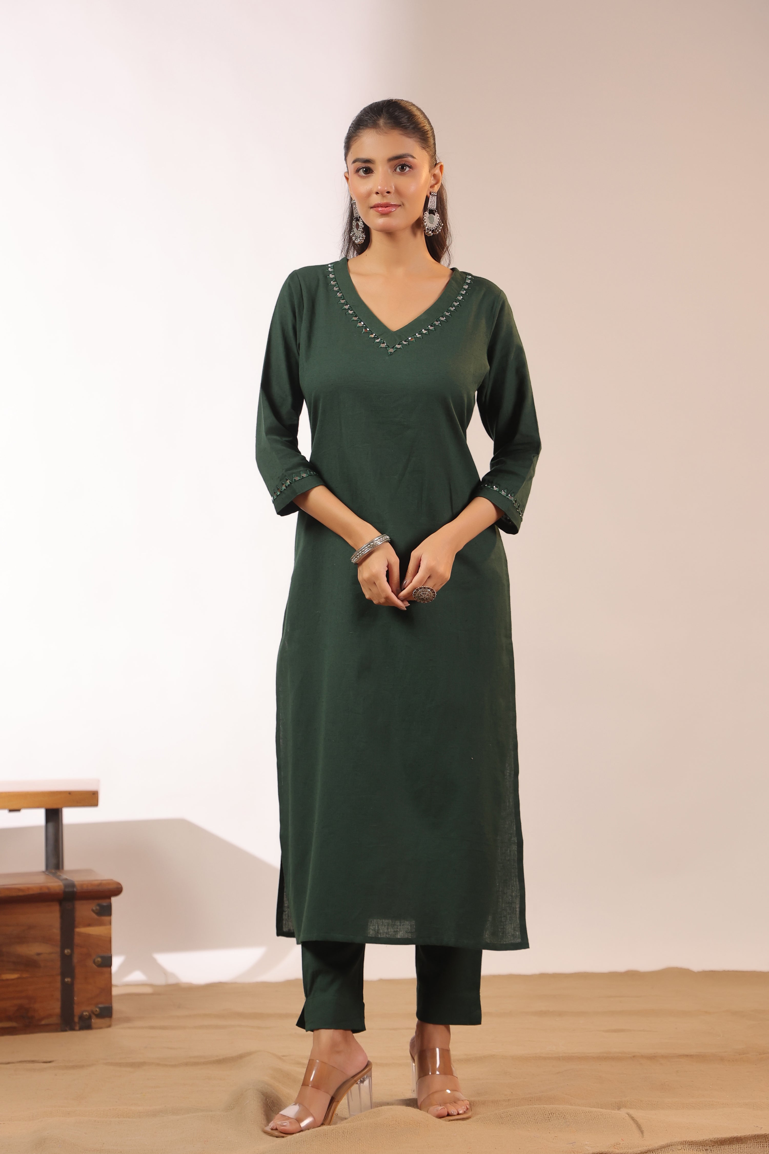 Mirror Embroidered Cotton Solid Color Pant Set
