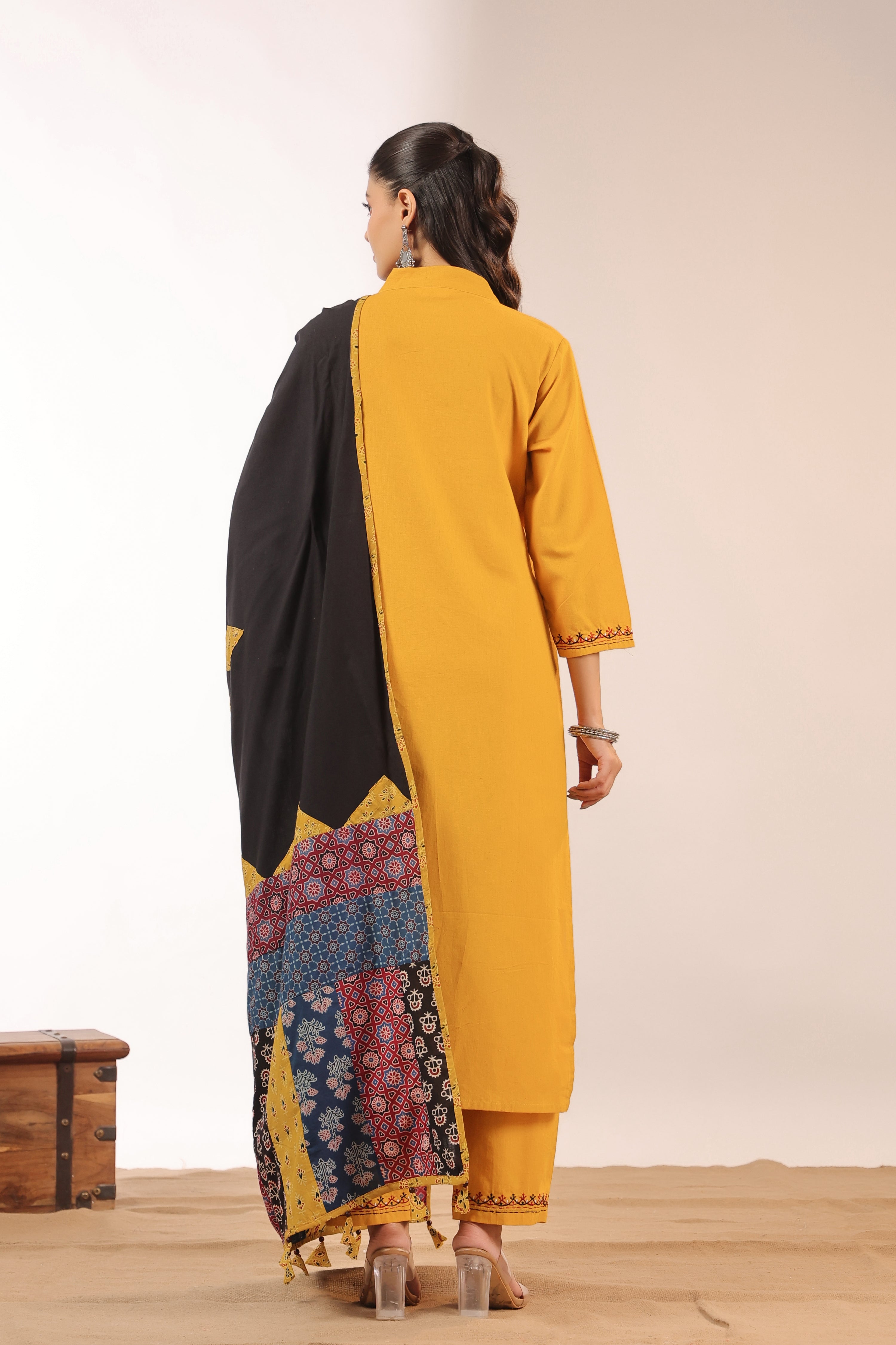 Cotton Embroidered Pant Set with Ajrakh Appliqué Dupatta