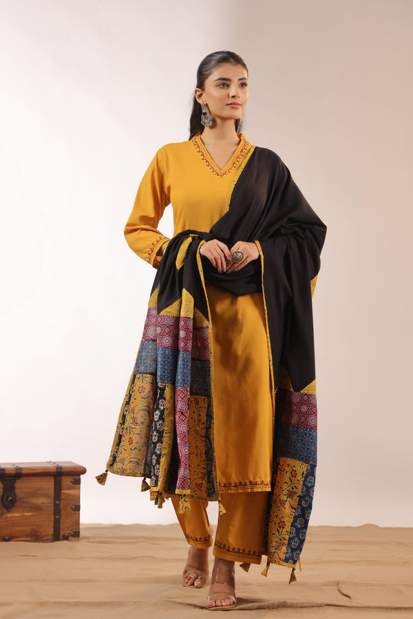 Cotton Embroidered Pant Set with Ajrakh Appliqué Dupatta