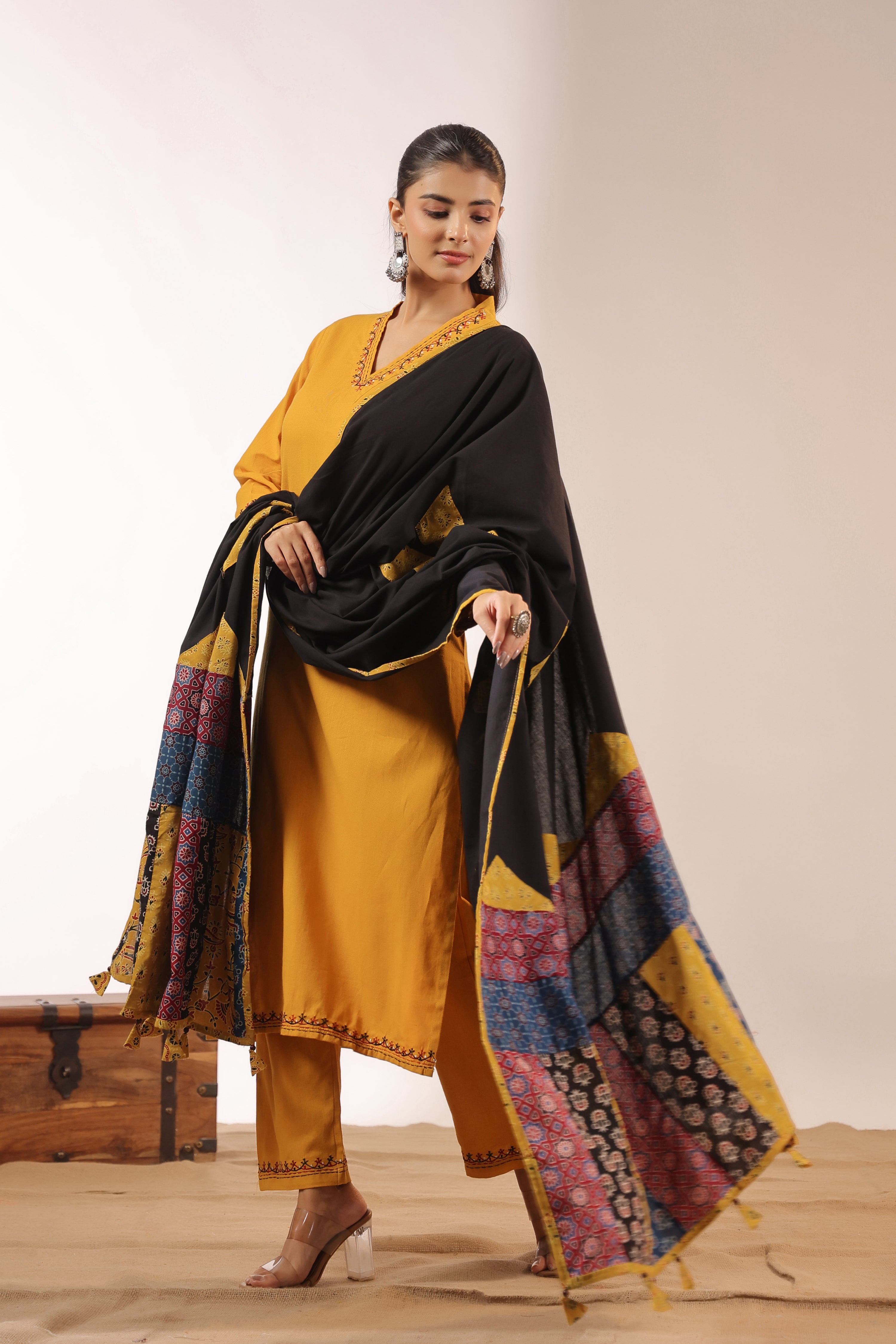 Cotton Embroidered Pant Set with Ajrakh Appliqué Dupatta