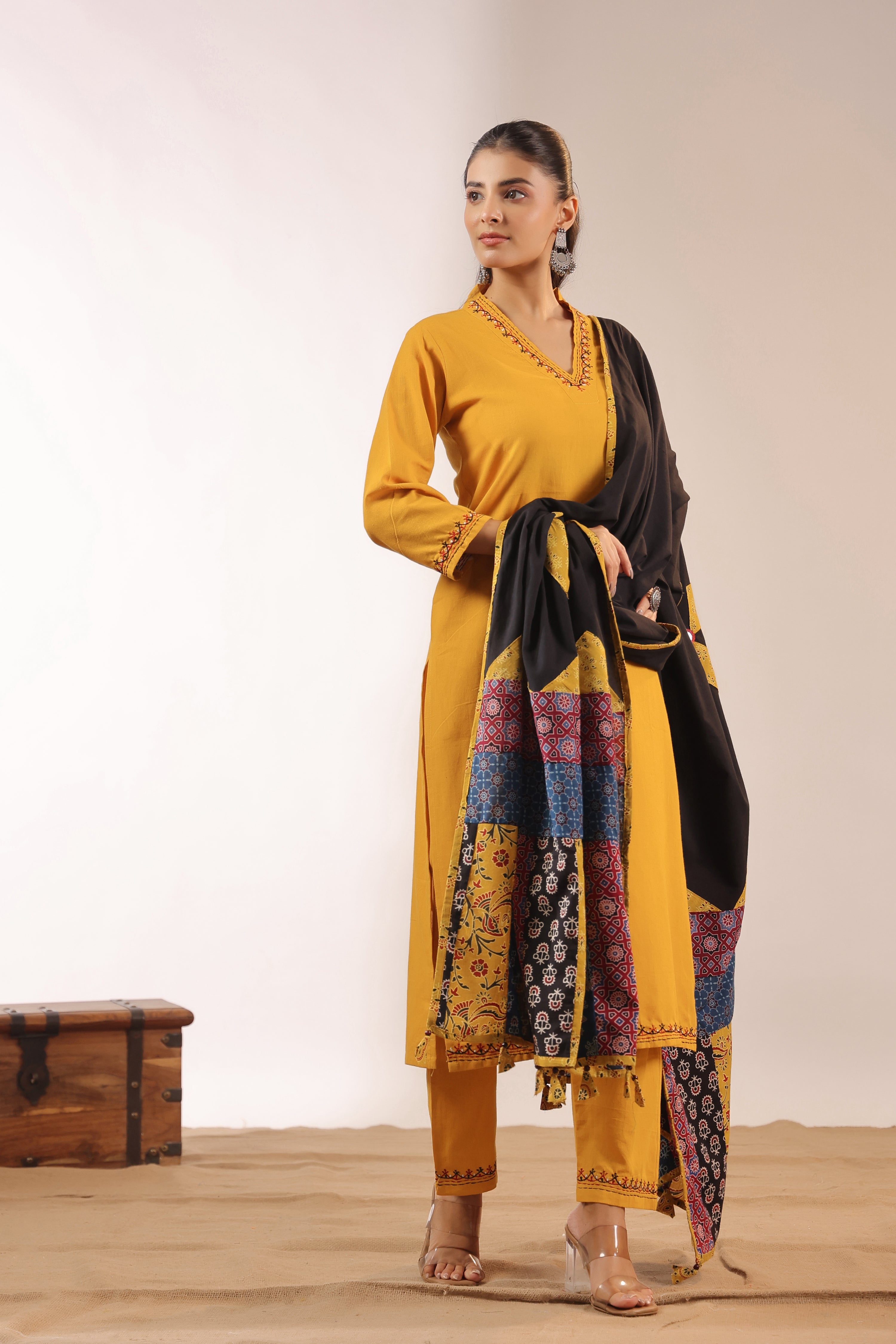 Cotton Embroidered Pant Set with Ajrakh Appliqué Dupatta