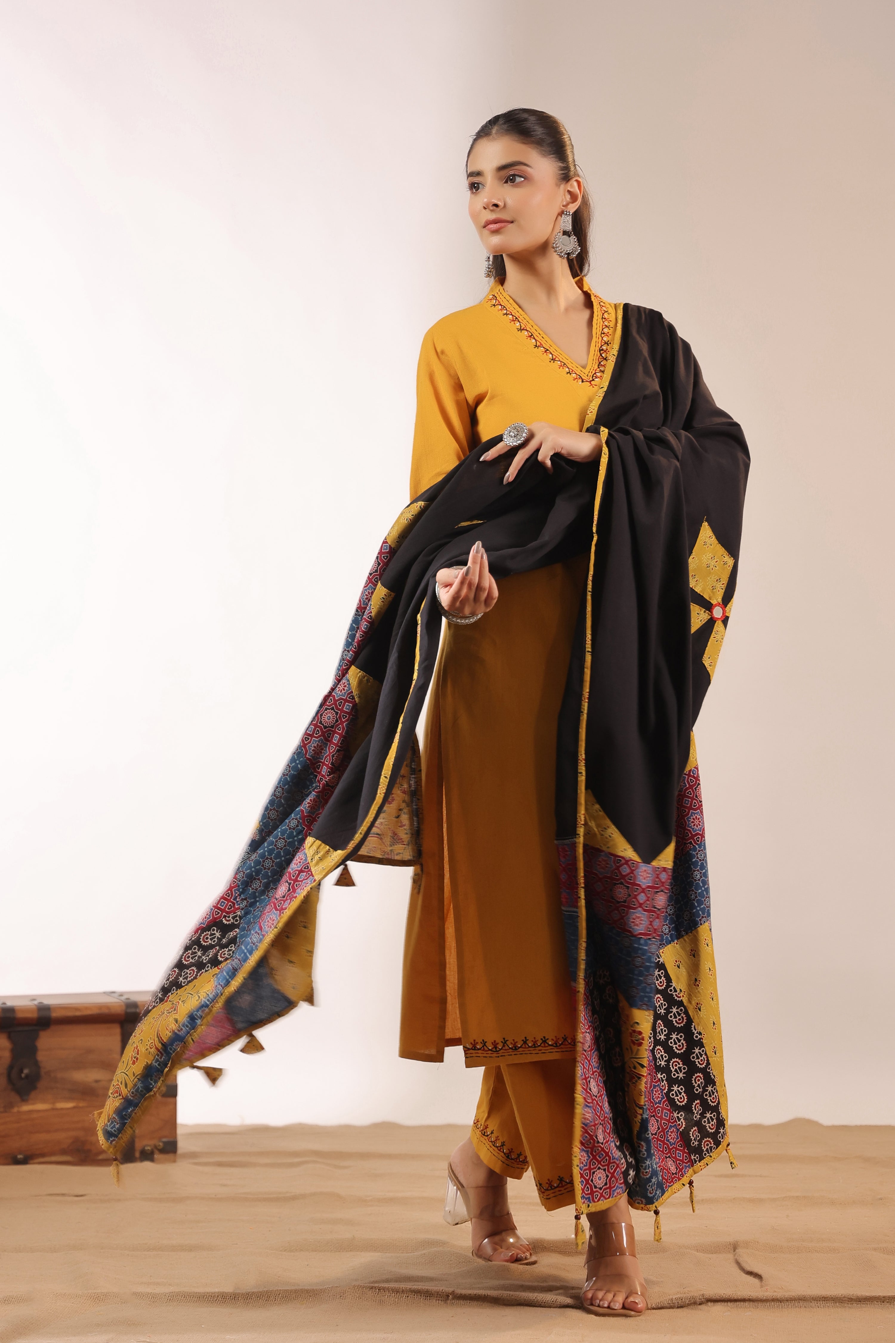 Cotton Embroidered Pant Set with Ajrakh Appliqué Dupatta