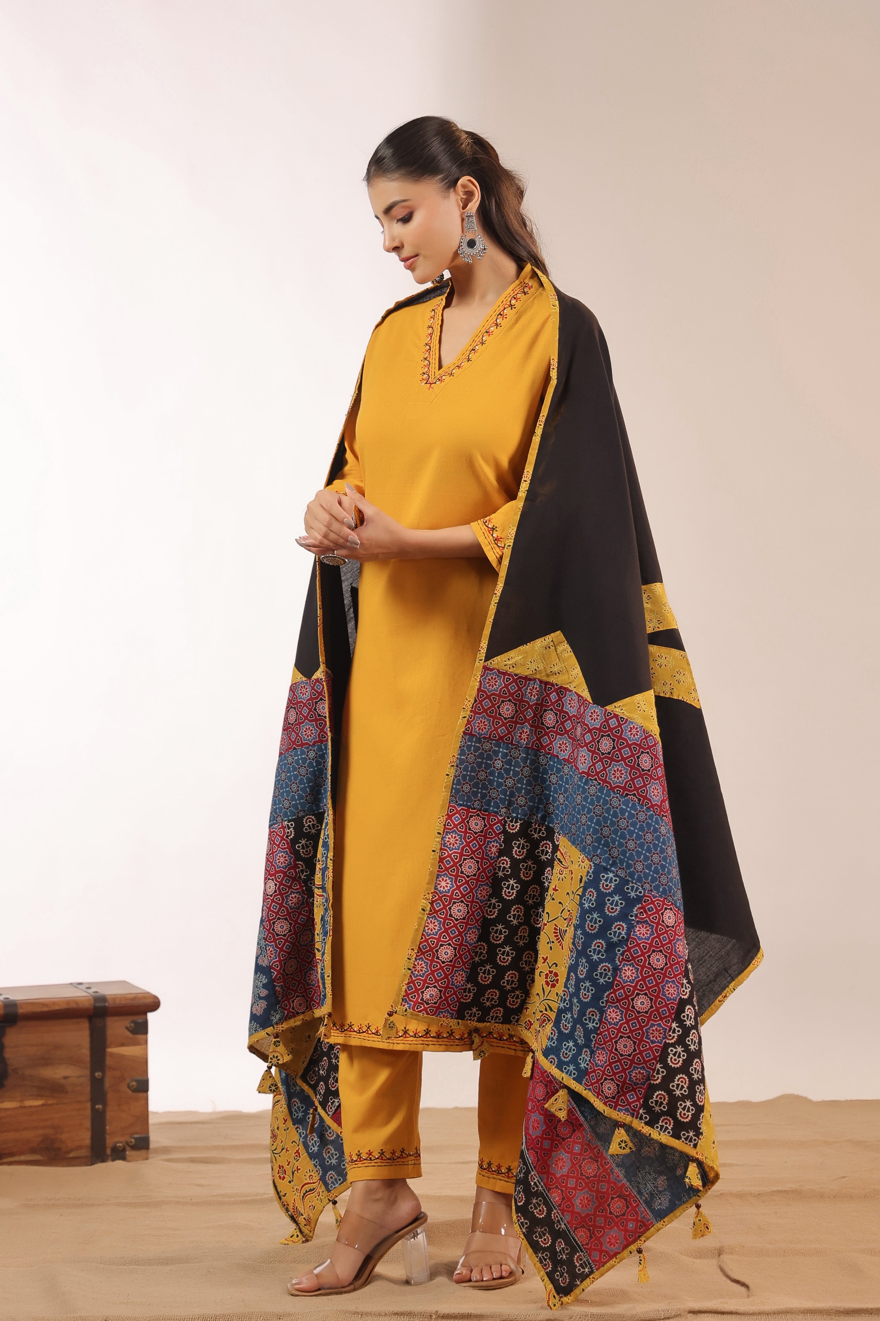 Cotton Embroidered Pant Set with Ajrakh Appliqué Dupatta