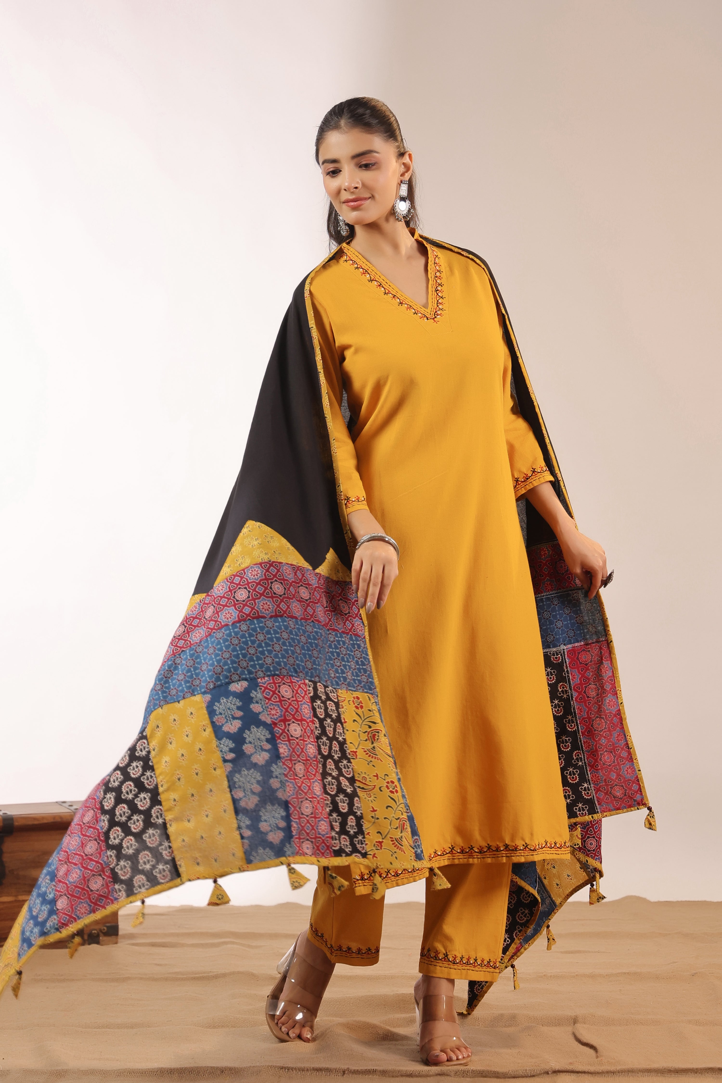 Cotton Embroidered Pant Set with Ajrakh Appliqué Dupatta