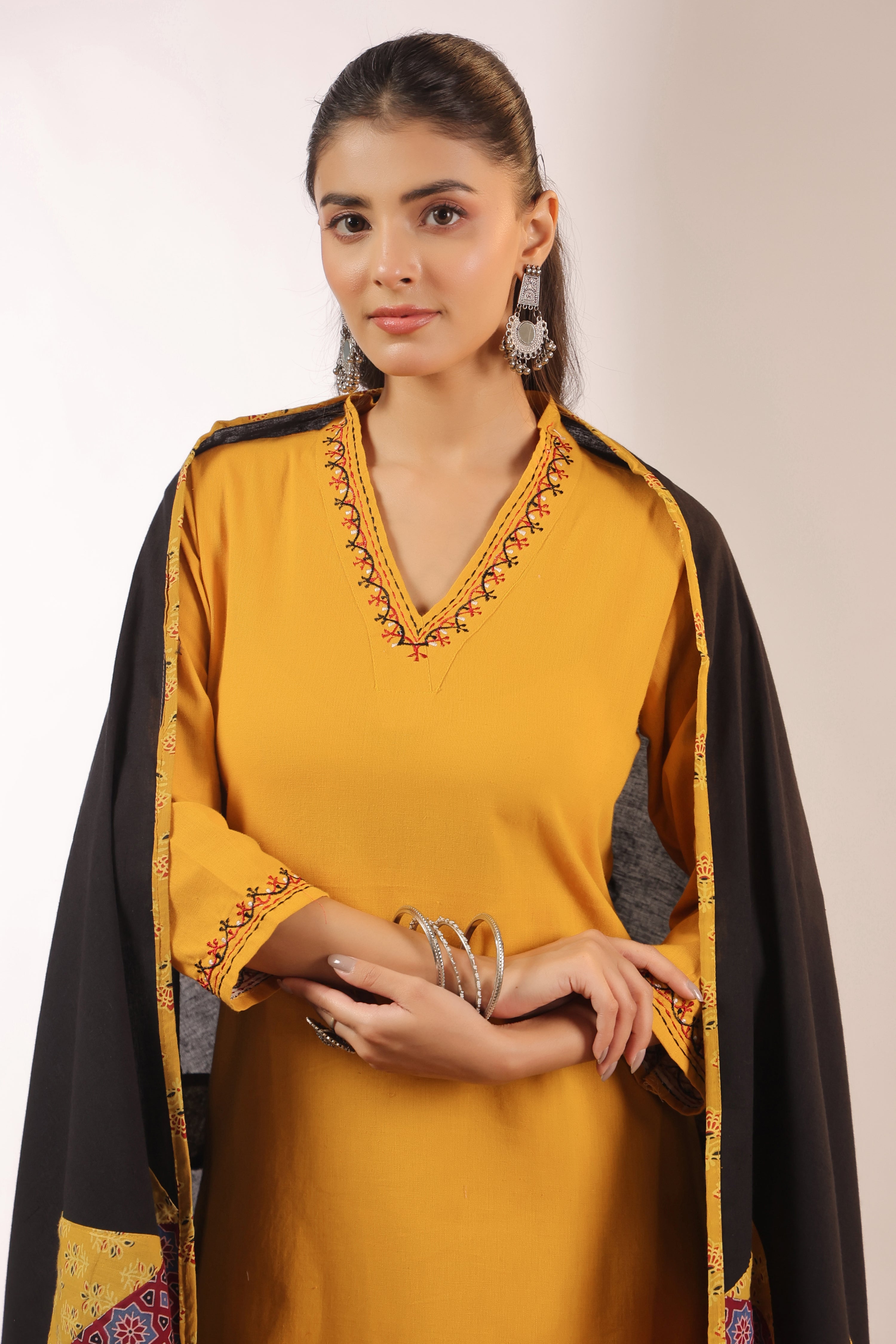 Cotton Embroidered Pant Set with Ajrakh Appliqué Dupatta
