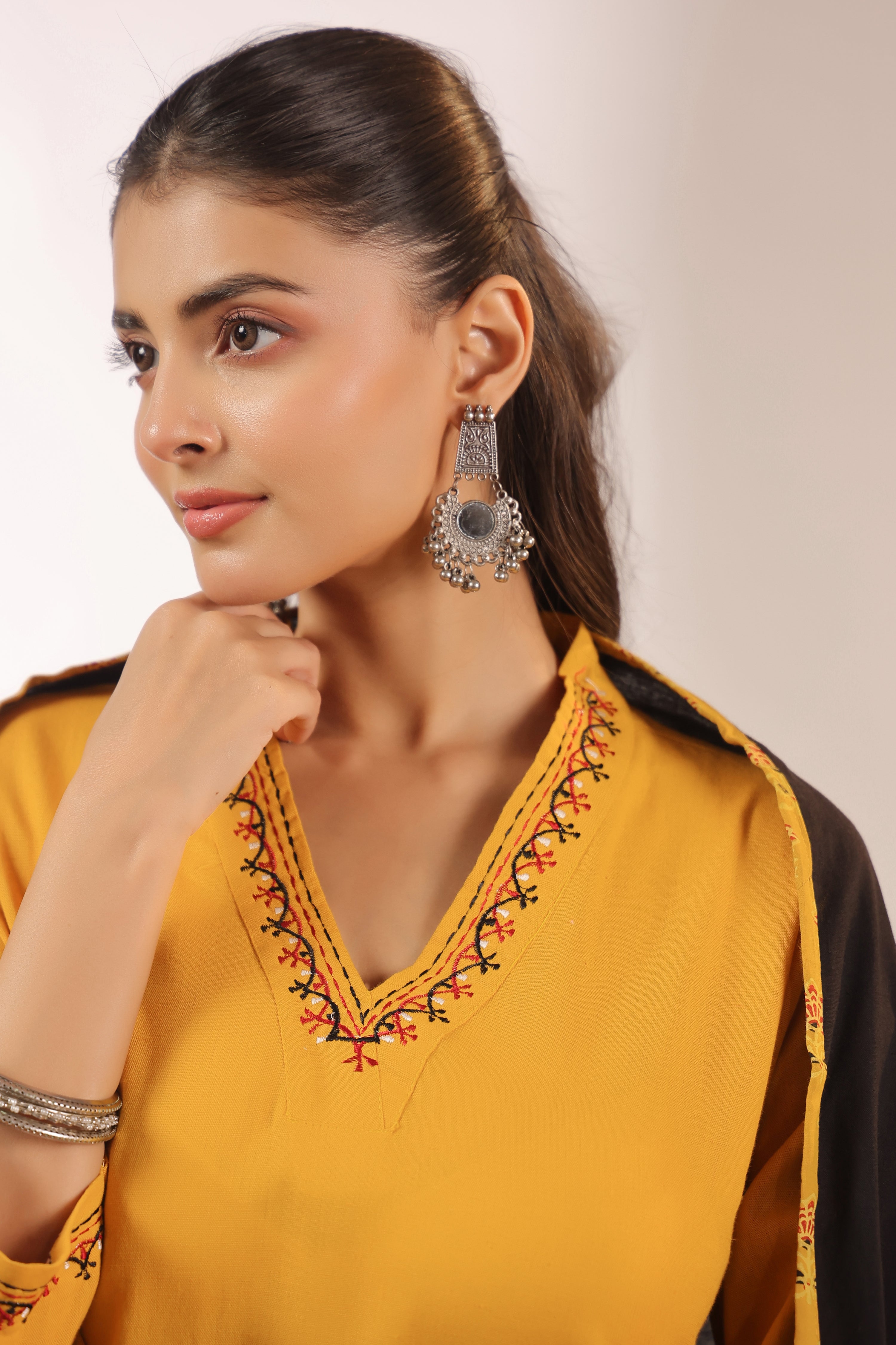 Cotton Embroidered Pant Set with Ajrakh Appliqué Dupatta