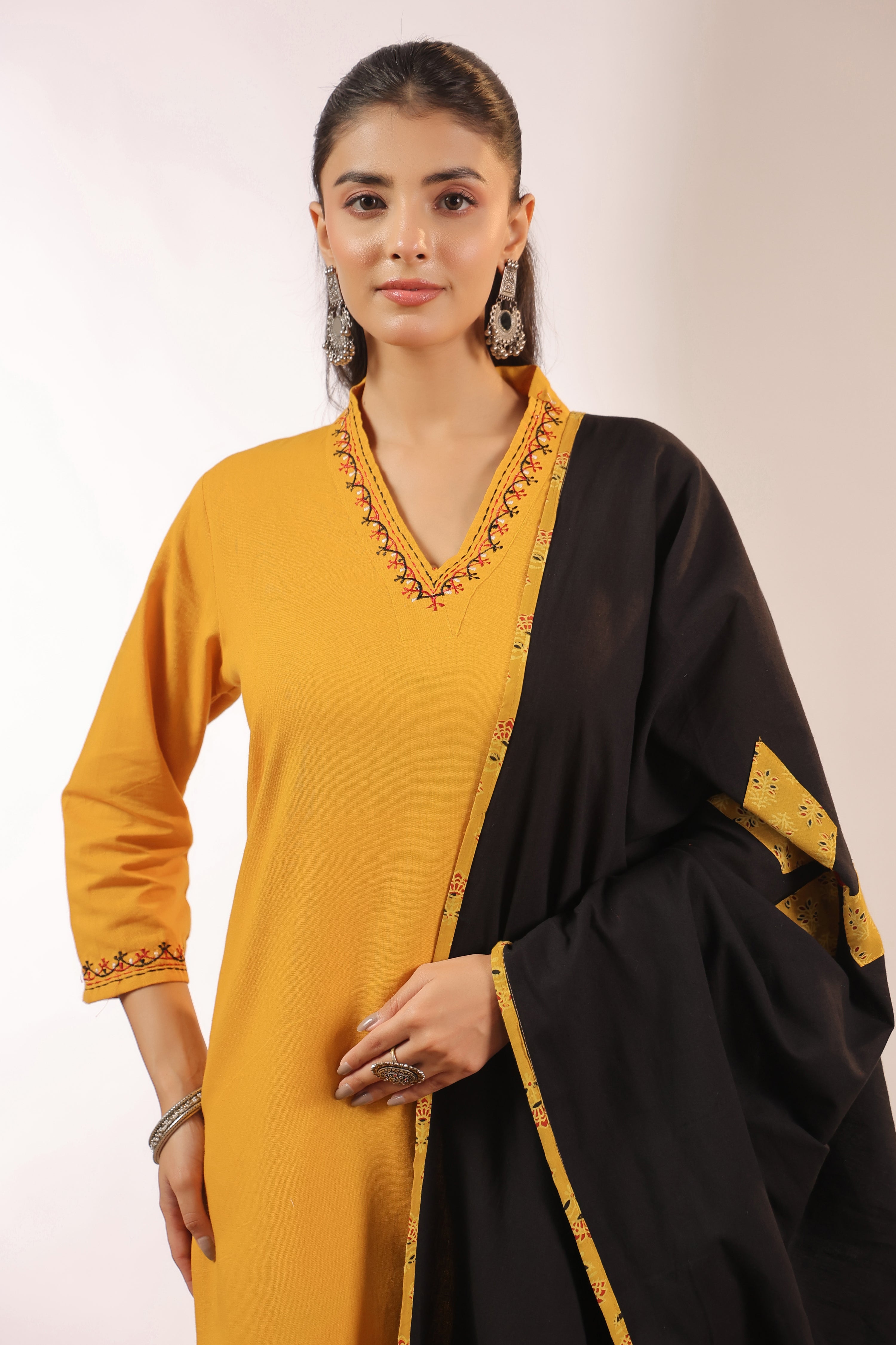 Cotton Embroidered Pant Set with Ajrakh Appliqué Dupatta
