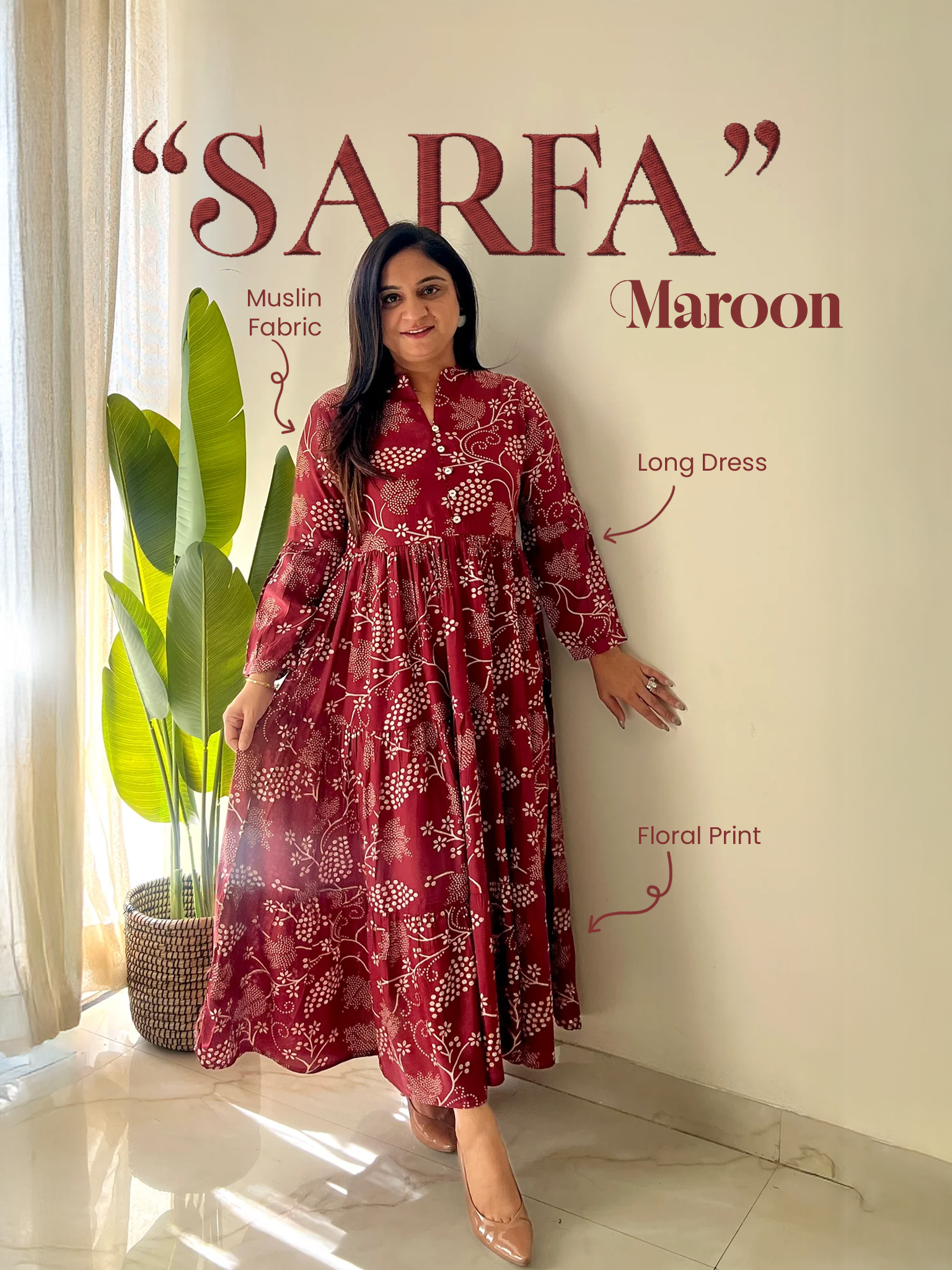 Sarfa Maroon Crystal Muslin Casual Long Dress