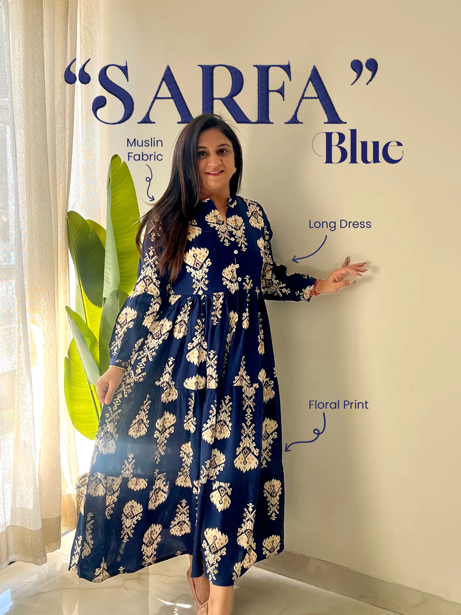 Sarfa Blue Crystal Muslin Casual Long Dress