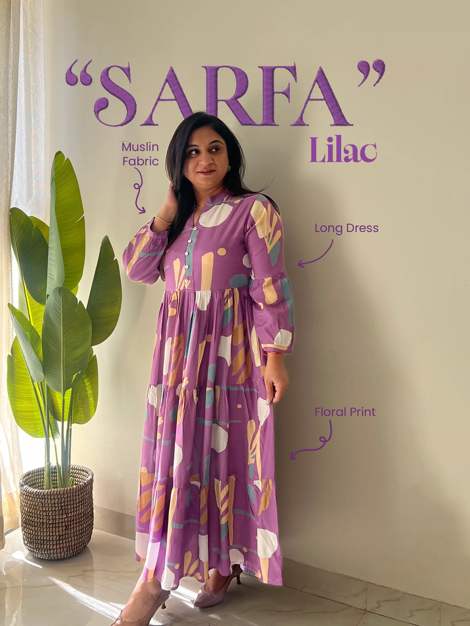 Sarfa Lilac Crystal Muslin Casual Long Dress