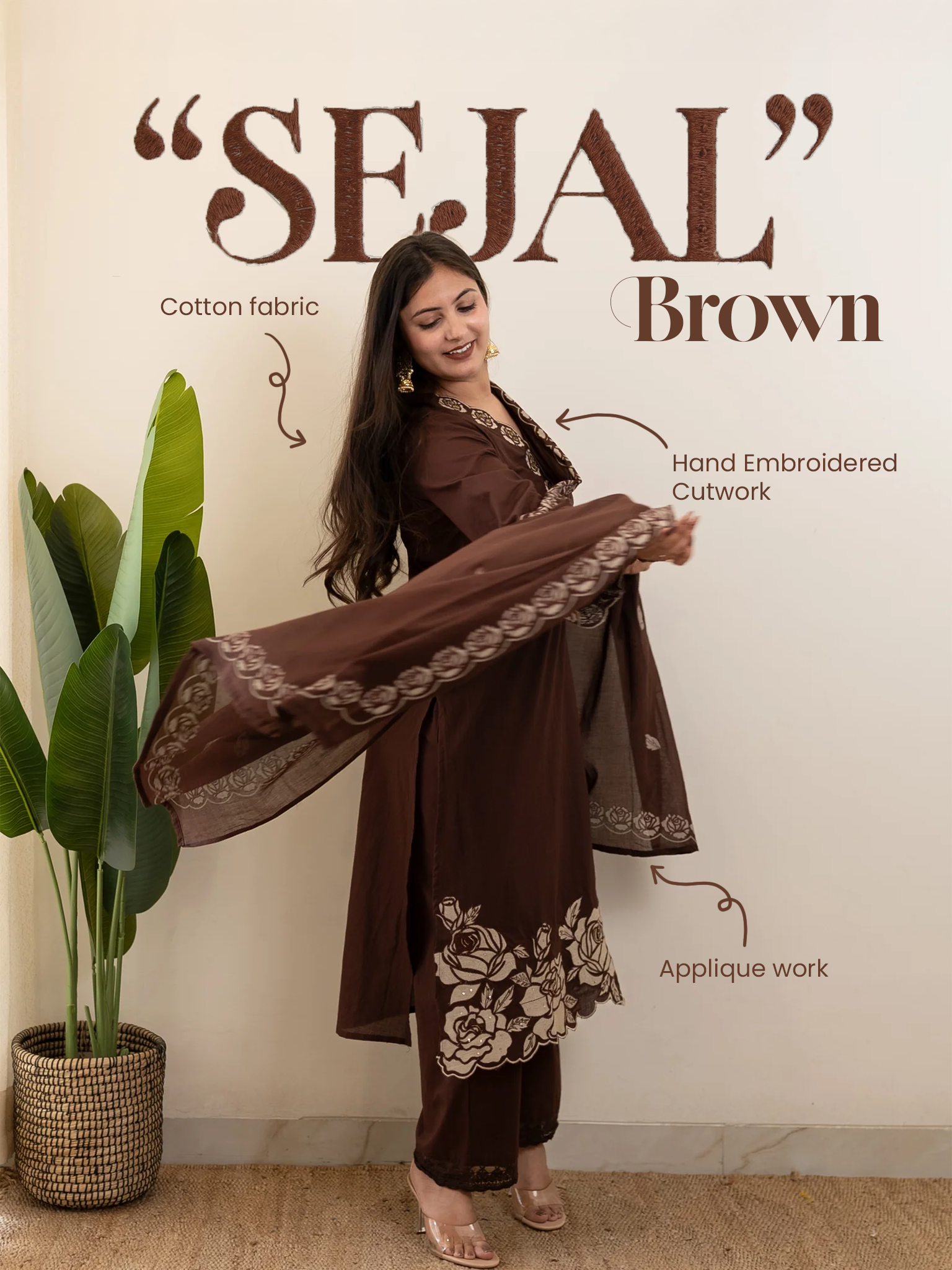 Sejal Brown Cotton Cutwork Applique HandEmbroidered Pant set