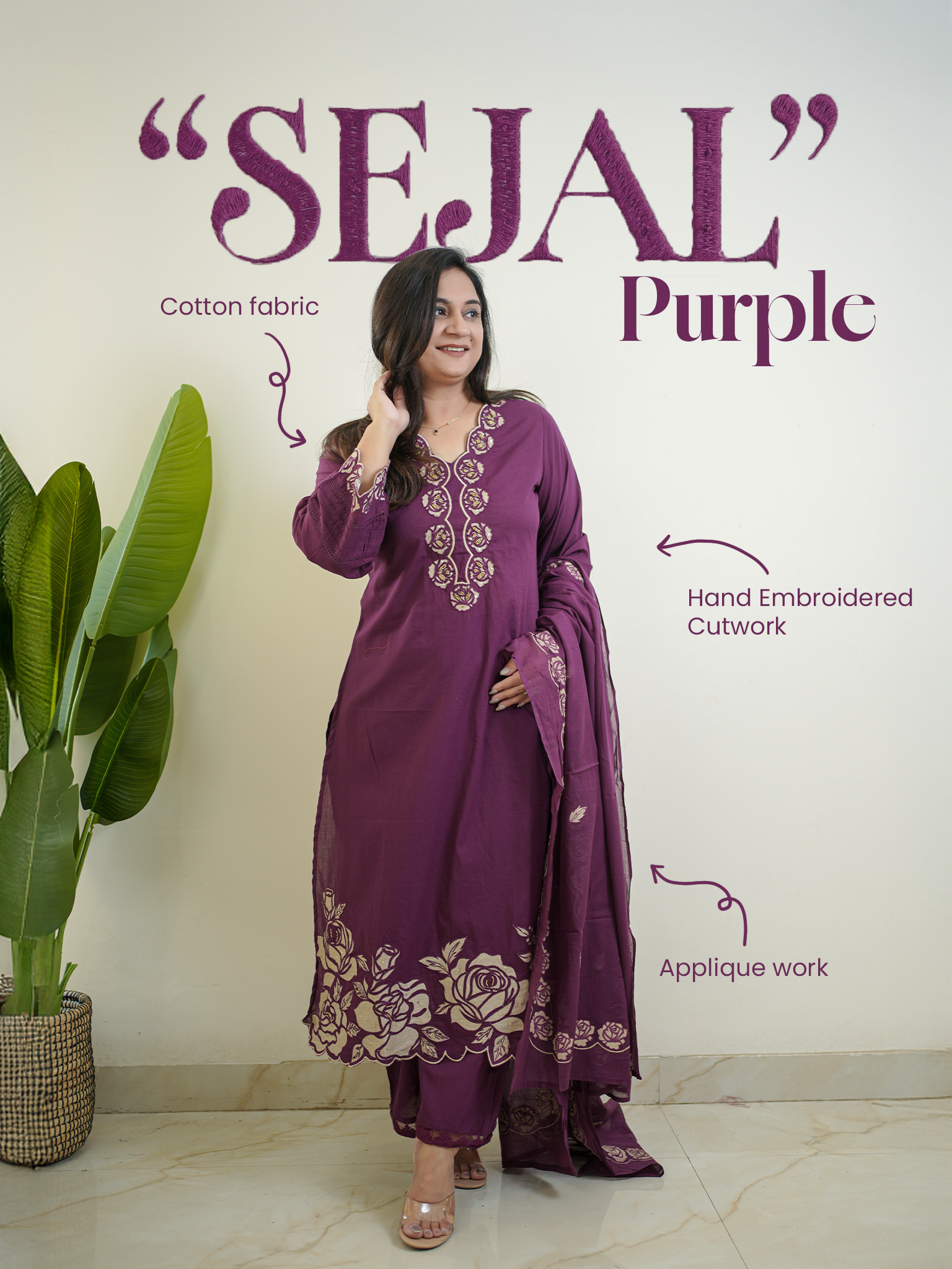 Sejal Purple Cotton Cutwork Applique HandEmbroidered Pant set - The Jaipur Studio