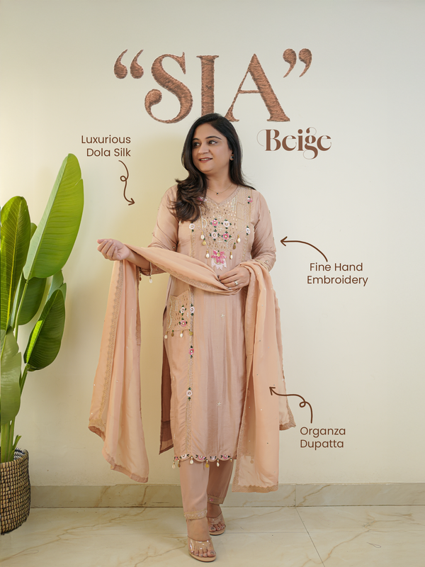 Sia Beige Silk Festive HandEmbroidered Pant Set