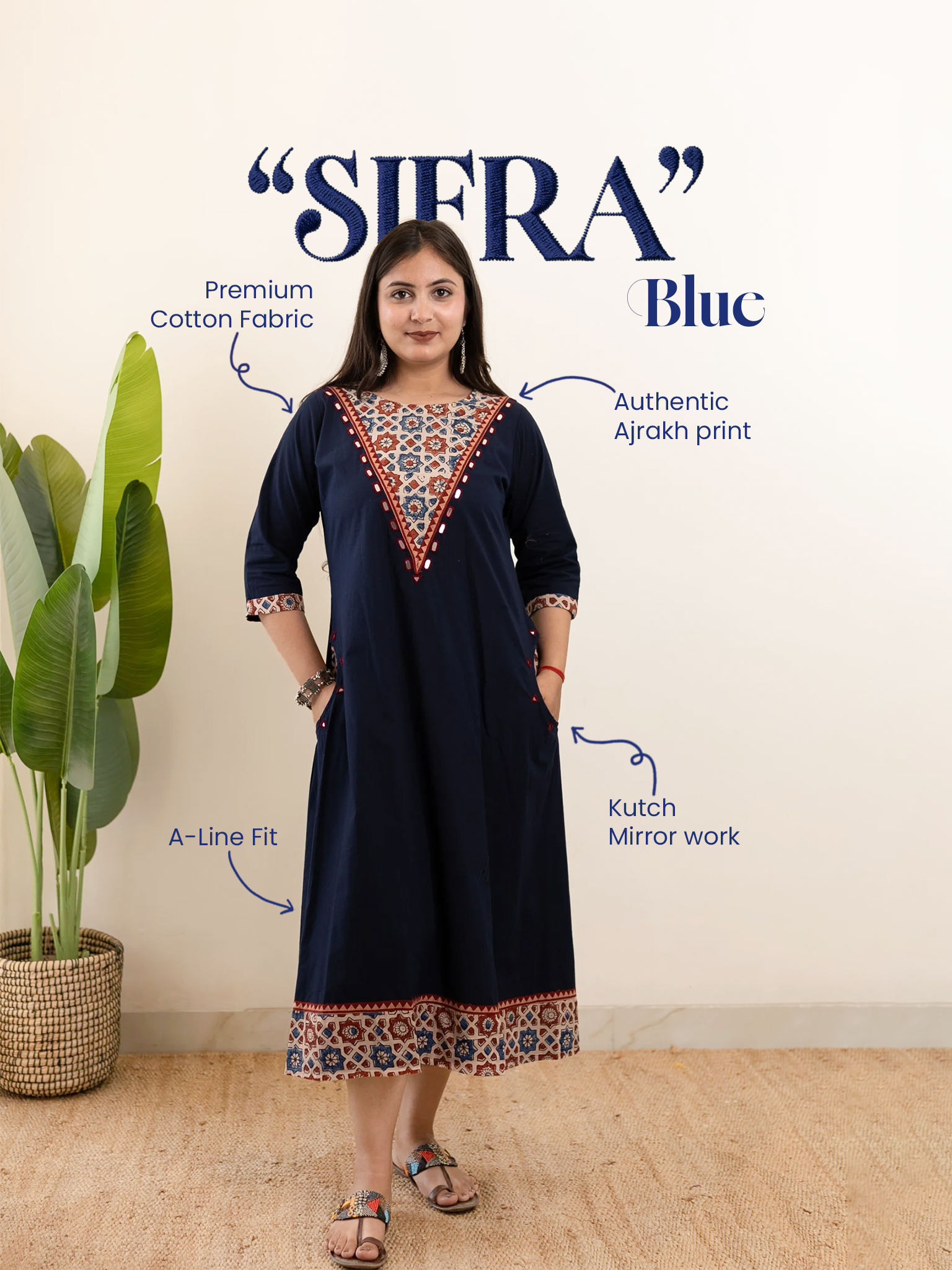 Sifra Blue Cotton Ajrakh Embroidered A-line Kurta