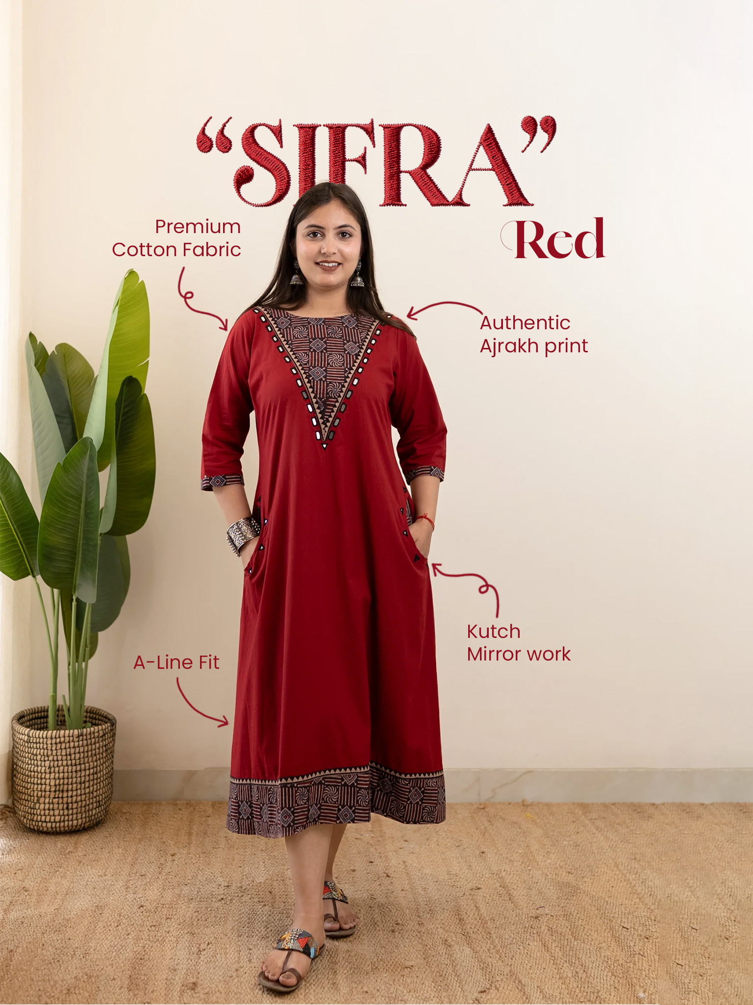 Sifra Red Cotton Ajrakh Embroidered A-line Kurta