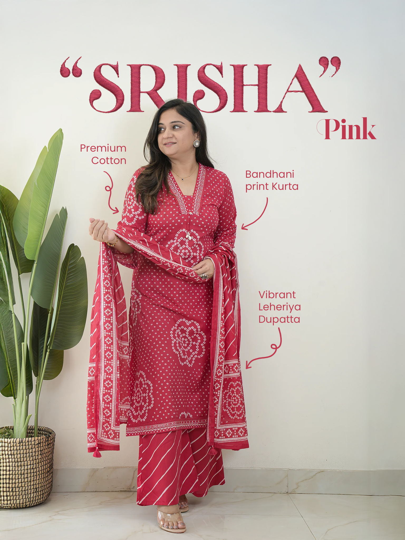 Srisha Pink Cotton Bandhani Leheriya Dupatta Set