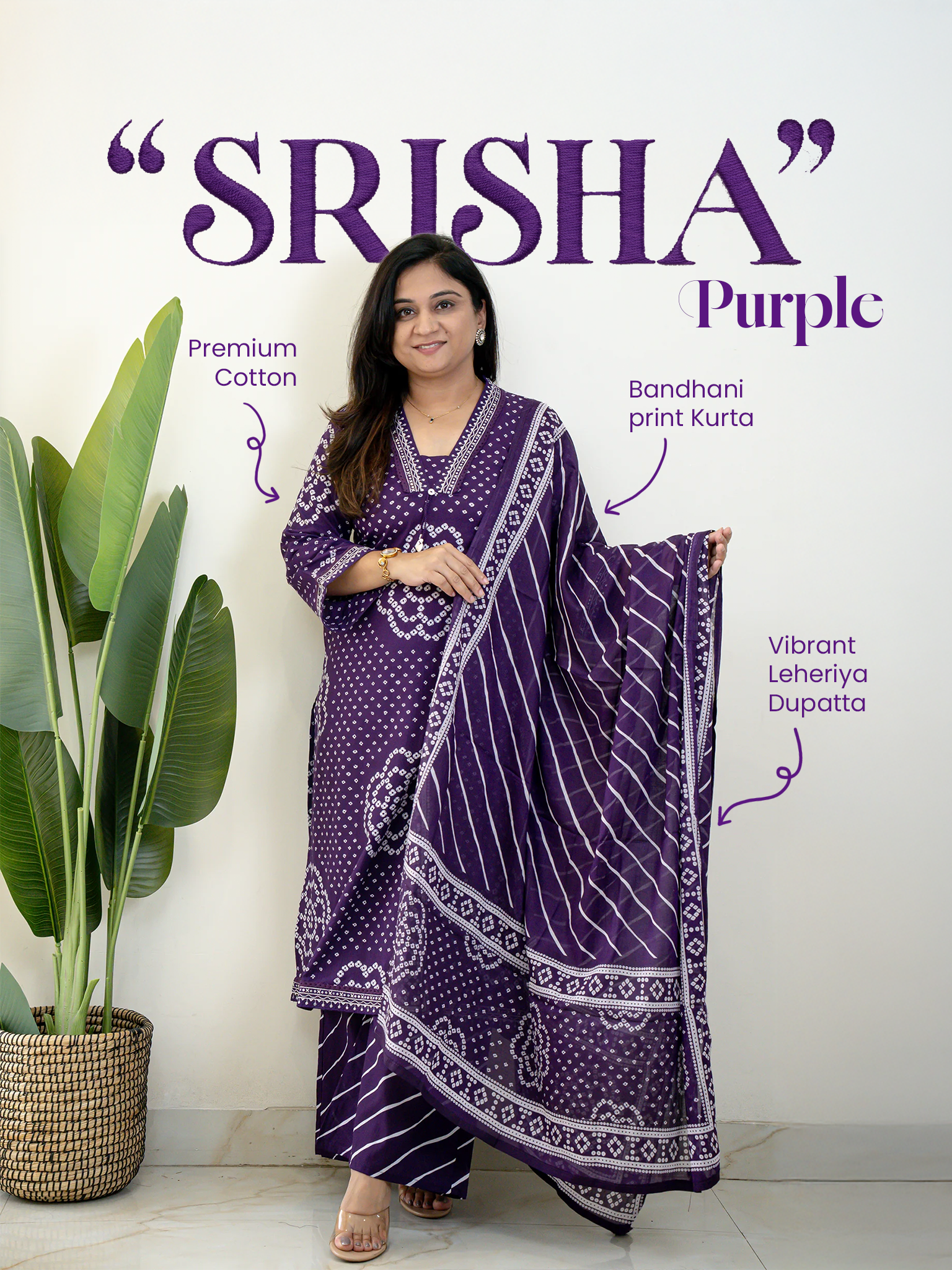 Srisha Purple Cotton Bandhani Leheriya Dupatta Set