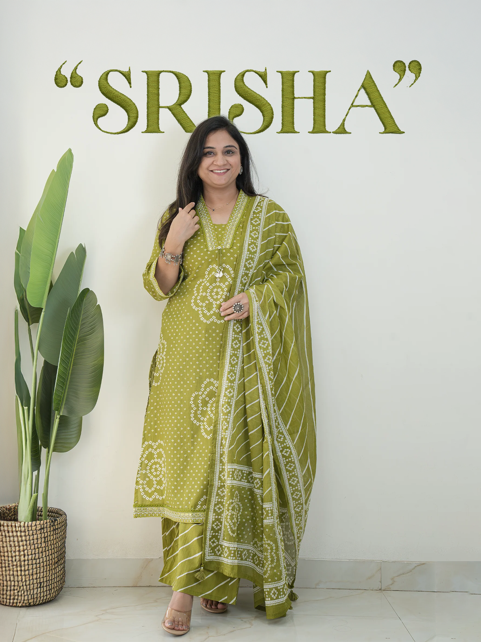 Srisha Green Cotton Bandhani Leheriya Dupatta Set