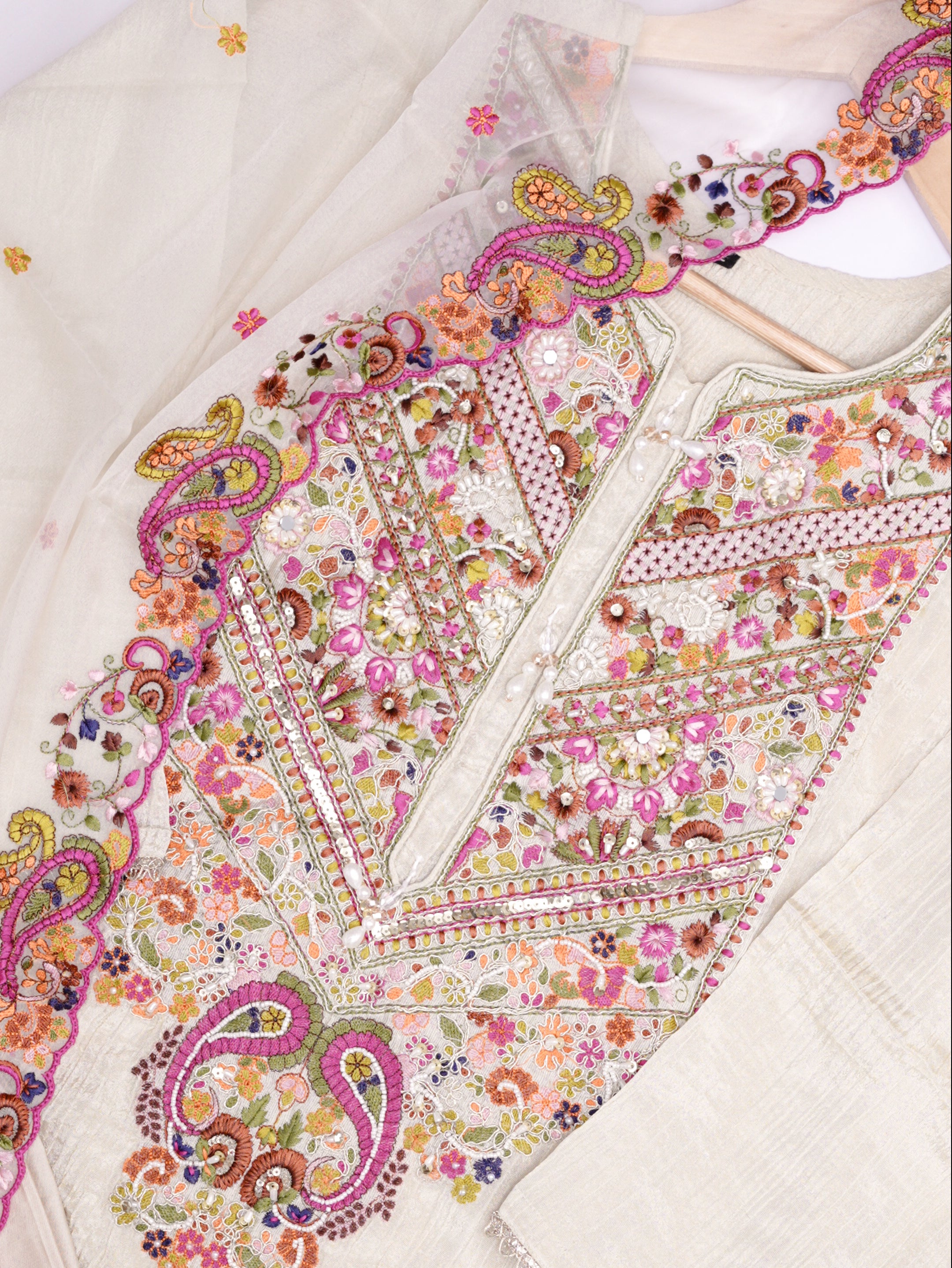 Atika Beige Tissue MultiColor Embroidered Dupatta Set
