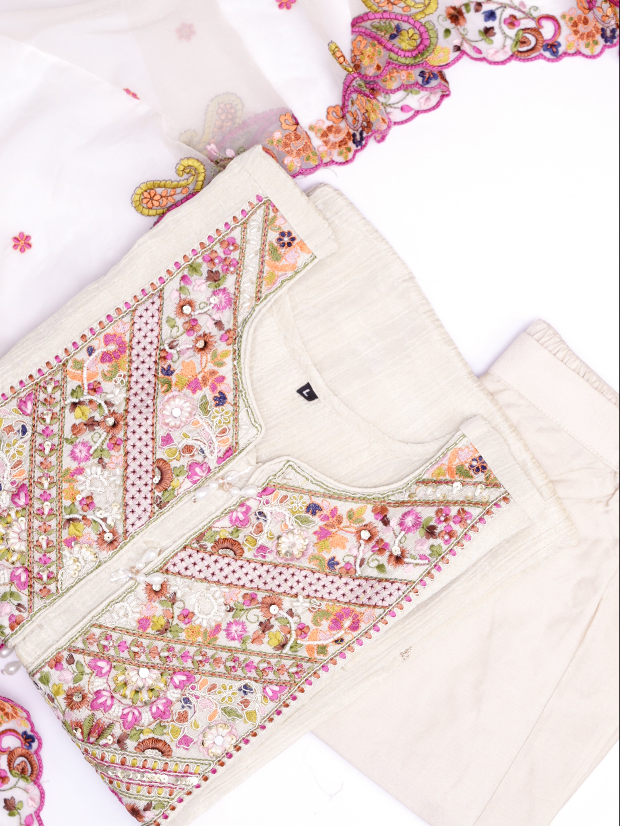 Atika Beige Tissue MultiColor Embroidered Dupatta Set