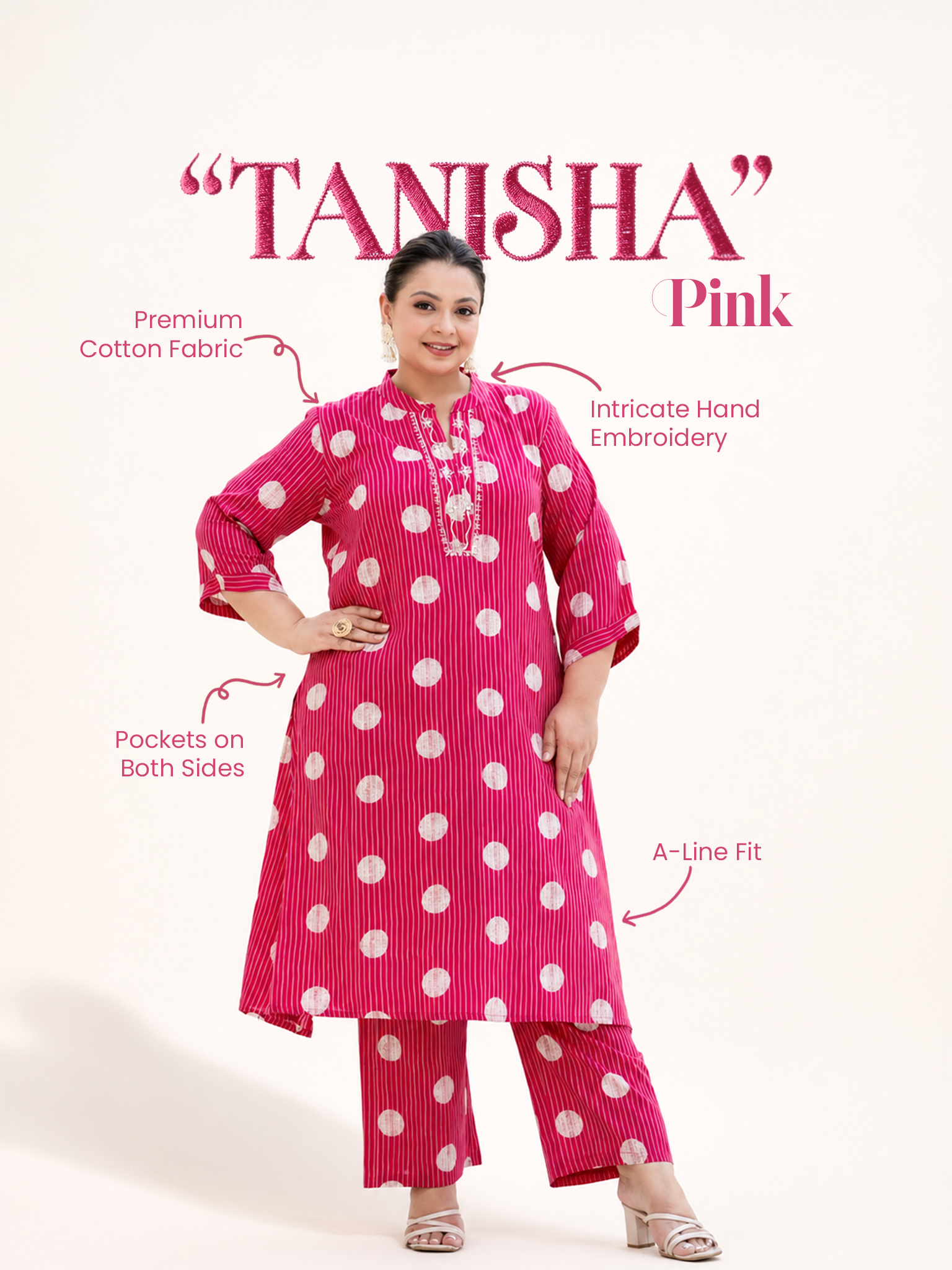 Tanisha Pink Polka Embroidered A-line Kurta Set