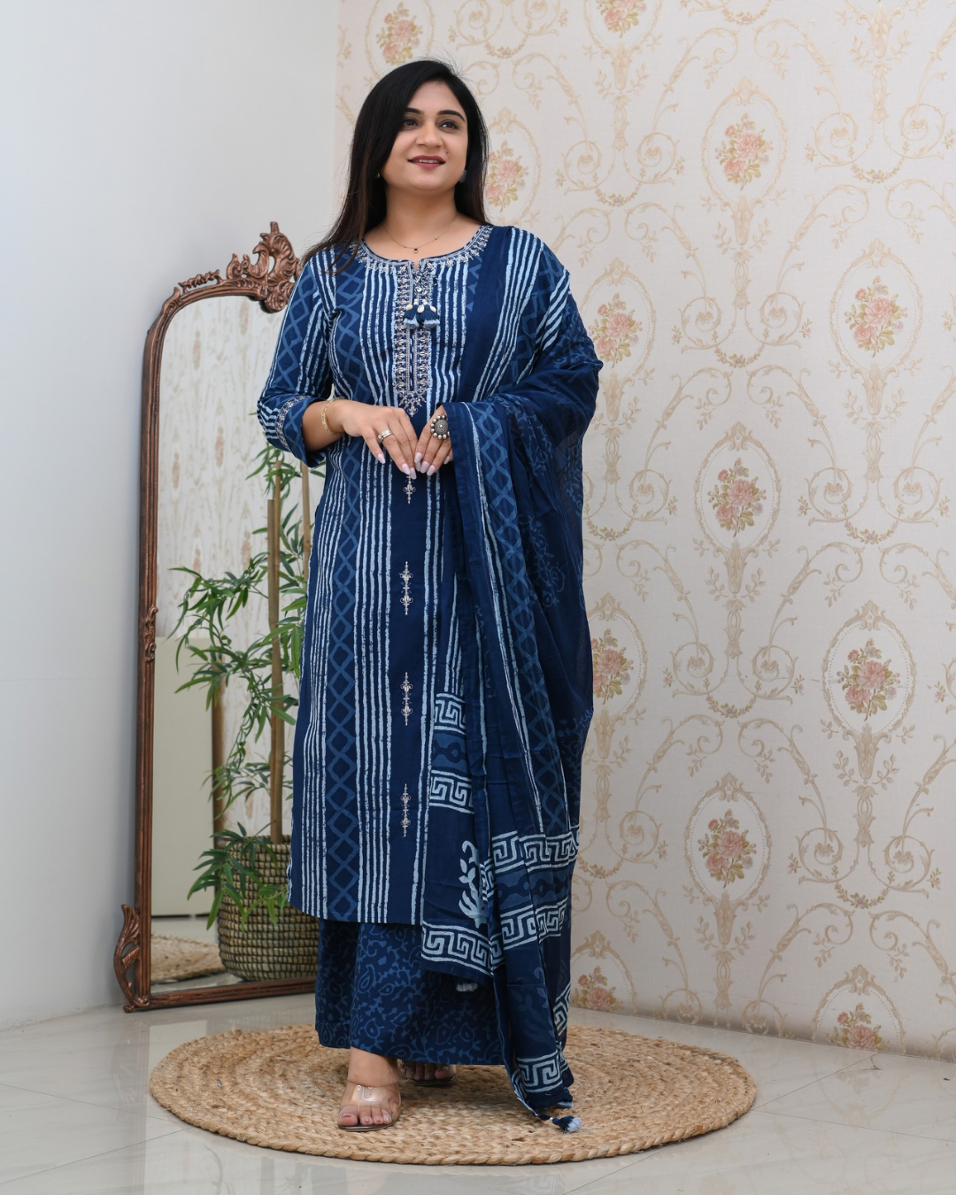 Blue and indigo kurtas styled with white and navy bottoms