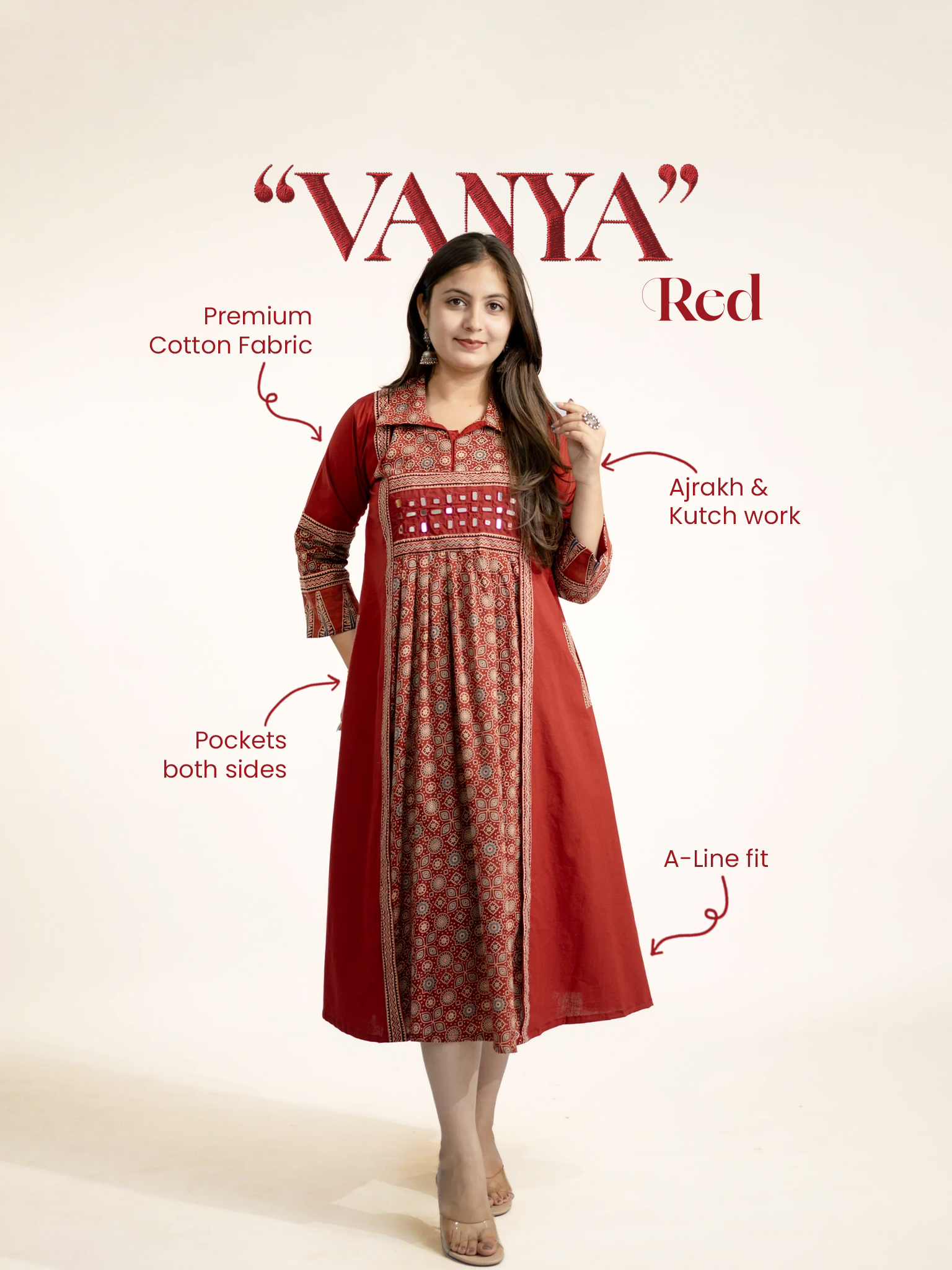 Vanya Red Cotton Ajrakh Kutch Embroidered A-line Kurta