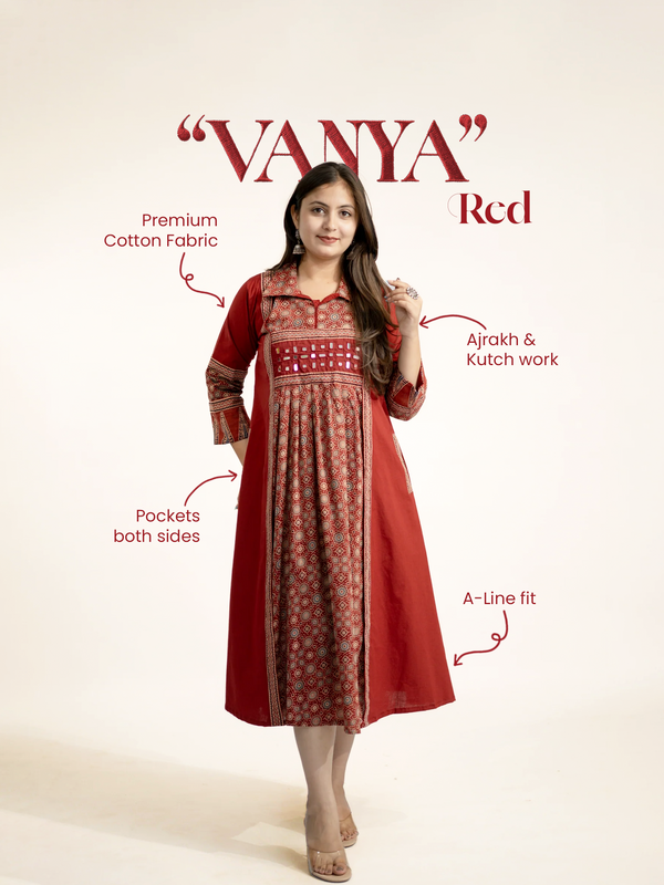 Vanya Red Cotton Ajrakh Kutch Embroidered A-line Kurta